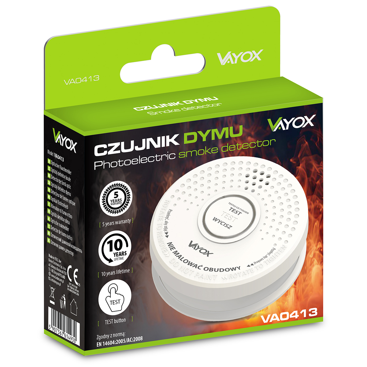 Pudełko czujnika dymu. Jest biało-zielone. Z przodu czujnik dymu, u góry nazwa produktu.