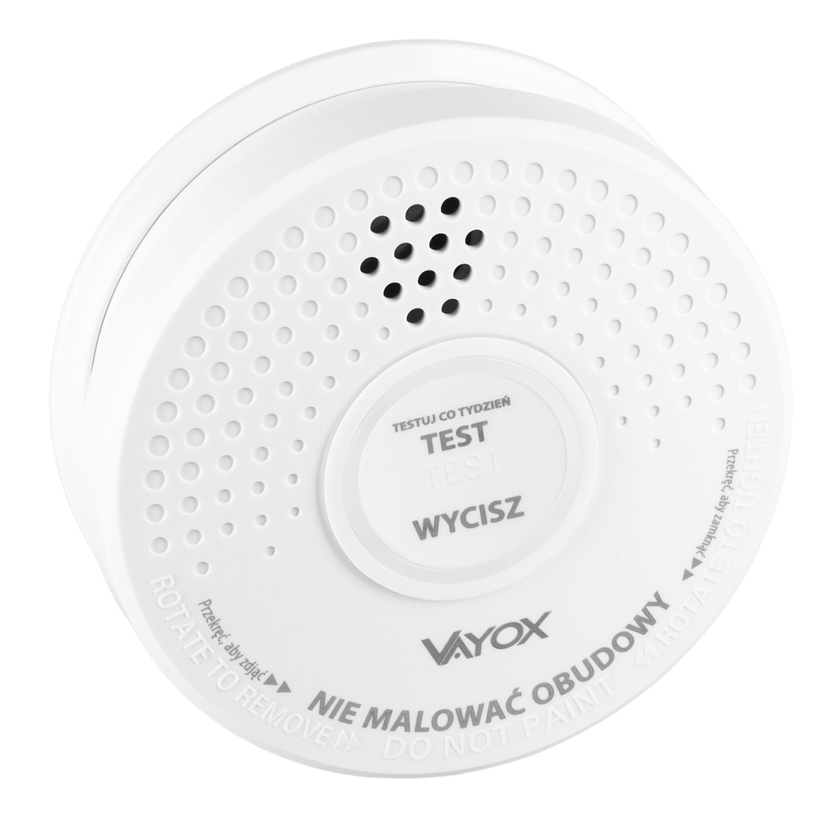 Biały czujnik dymu z tekstem w języku polskim i angielskim. Posiada przycisk testu i markę Vayox.