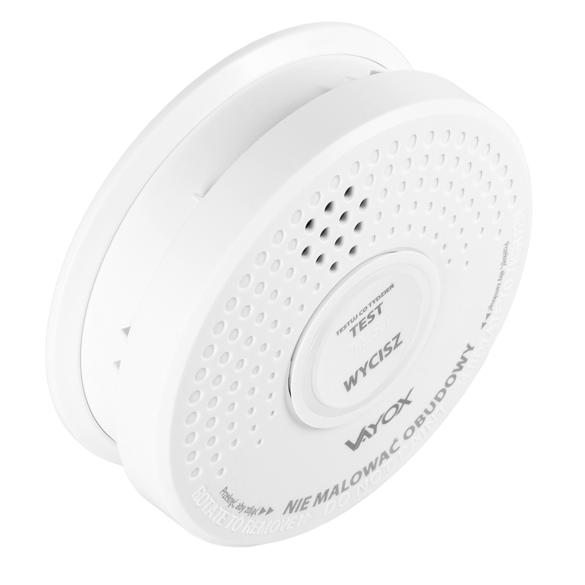 Biała czujka dymu o okrągłym kształcie. Posiada przycisk testu, a na urządzeniu widnieje nazwa marki 'VAYOX'.