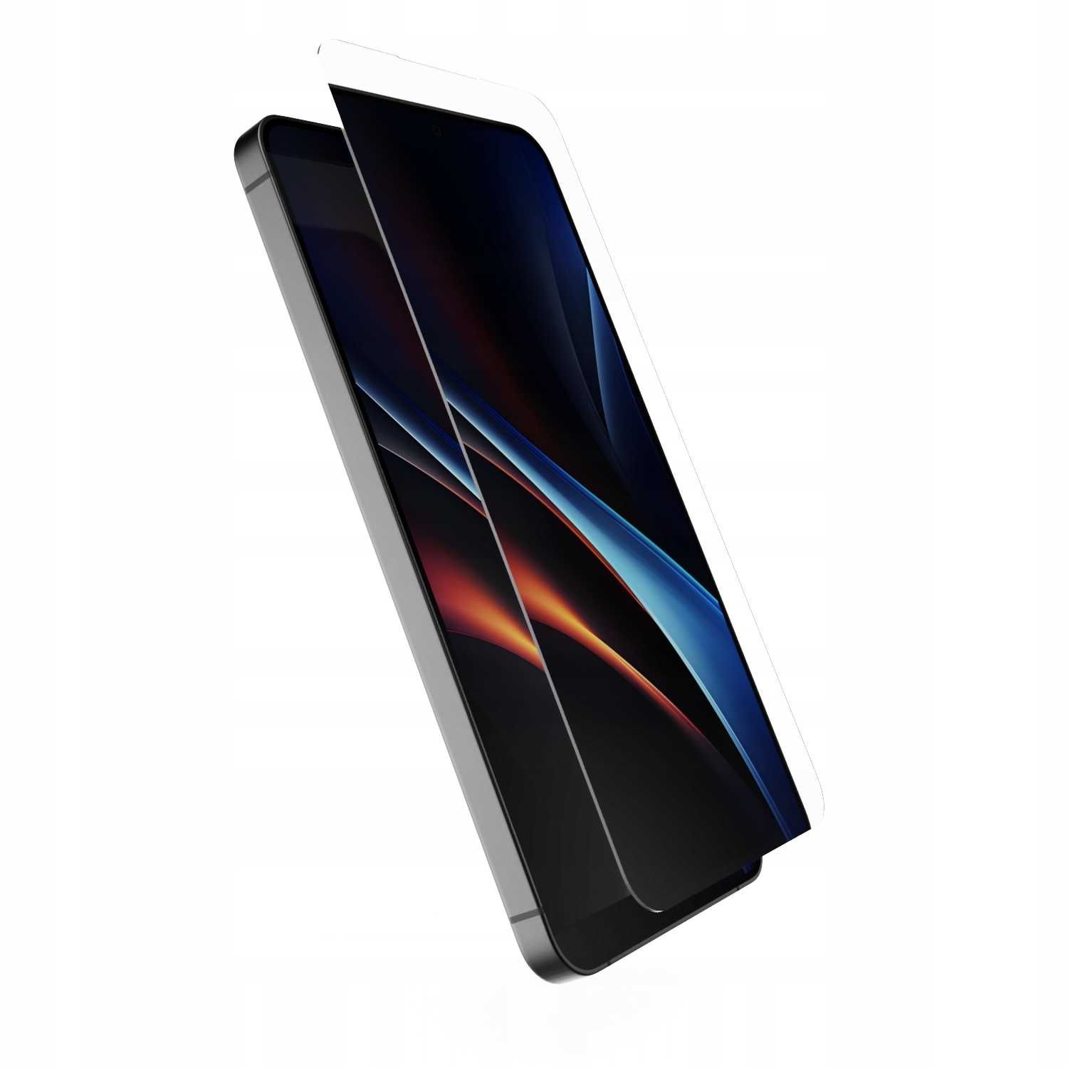 Smartfon z ochroną ekranu. Ekran wyświetla ciemny, abstrakcyjny wzór z pomarańczowymi i niebieskimi odcieniami na białym tle.
