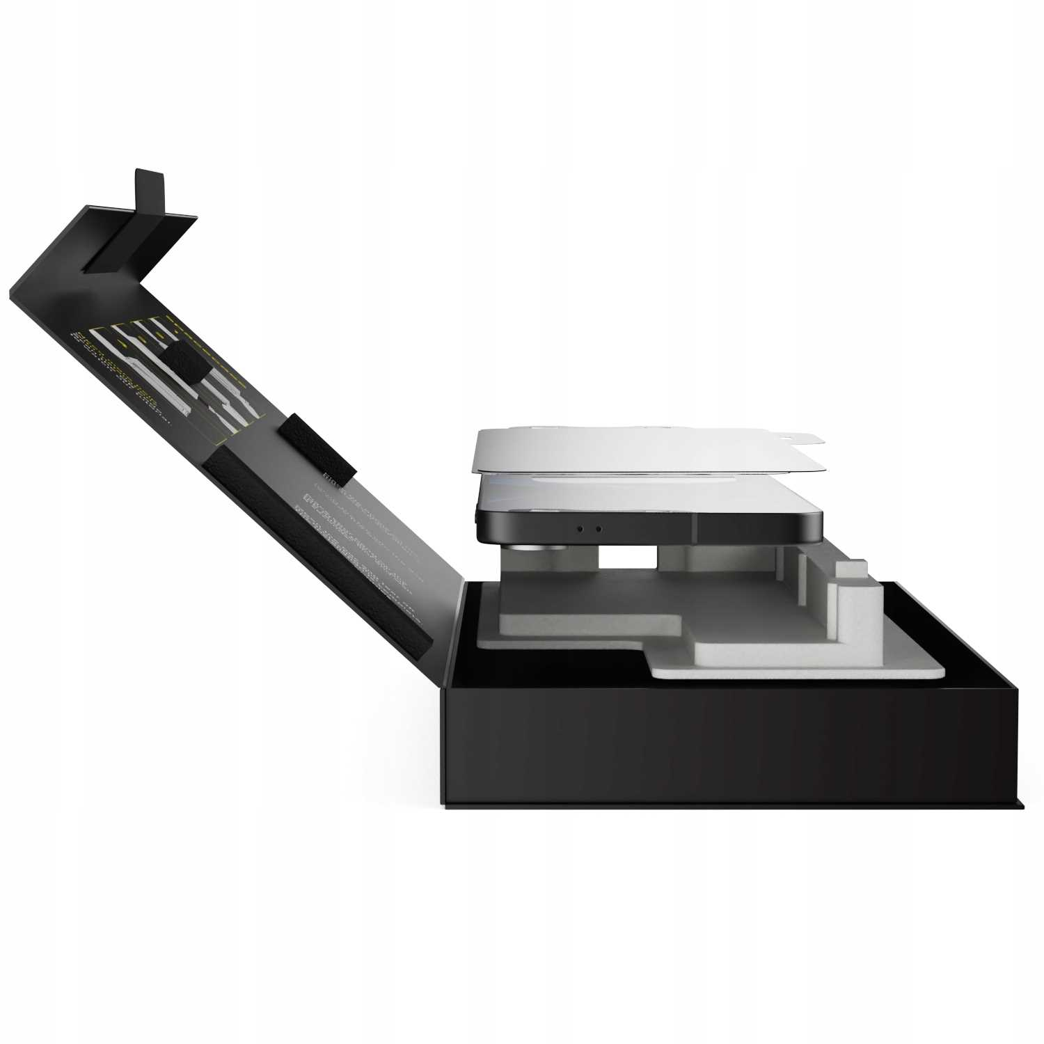 Otwarty czarny box ujawnia telefon i ochraniacze ekranu. Na boxie jest tekst. Telefon jest czarny z białymi ochraniaczami.