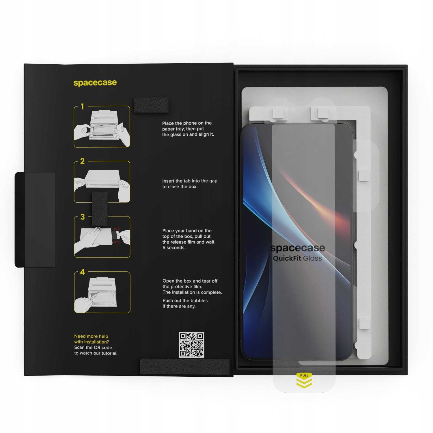 Zestaw ochraniacza ekranu z instrukcją. Czarny karton, telefon i ochraniacz widoczne. Kroki pokazano na ilustracjach.