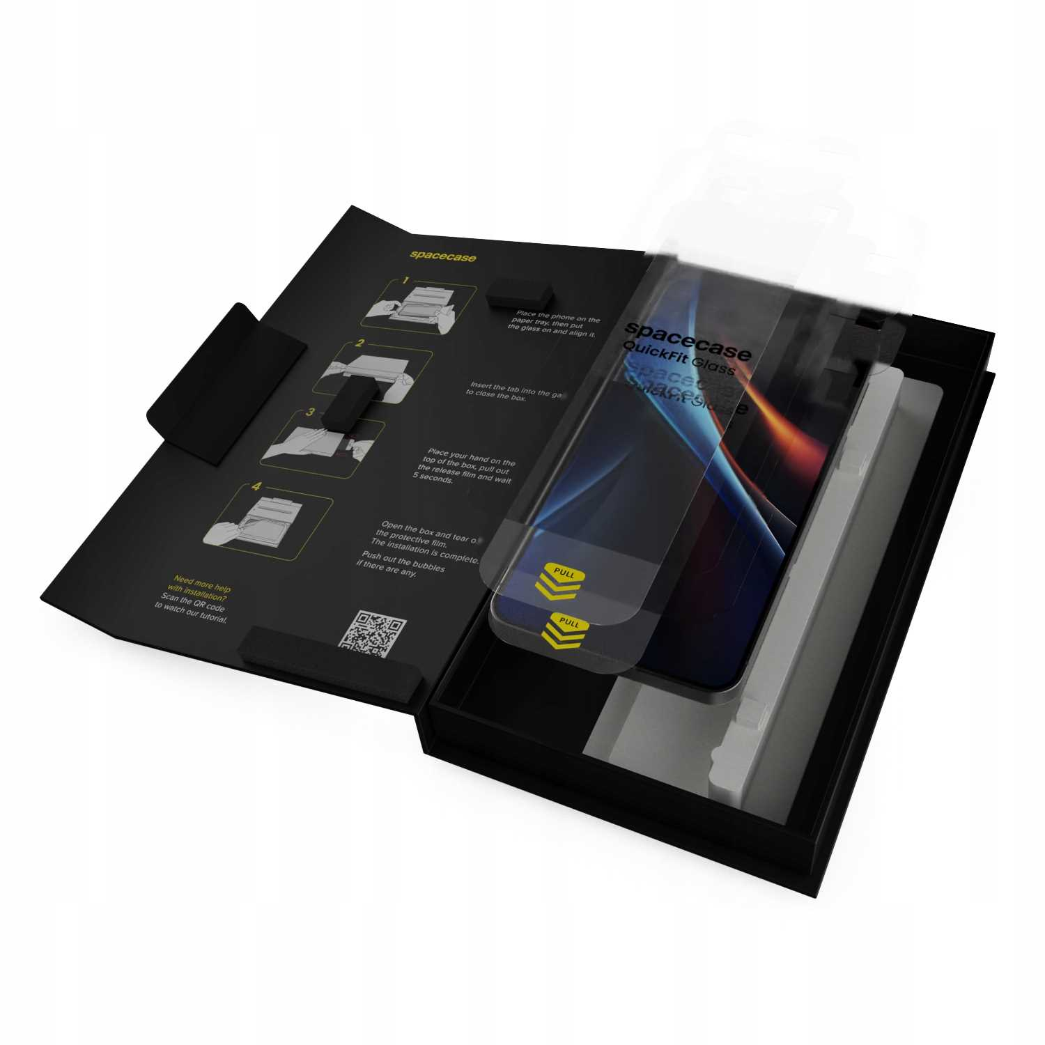 Zestaw ochraniacza ekranu telefonu. Pokazuje instrukcje i produkt, Spacecase QuickFit Glass. Pudełko jest czarne i otwarte.