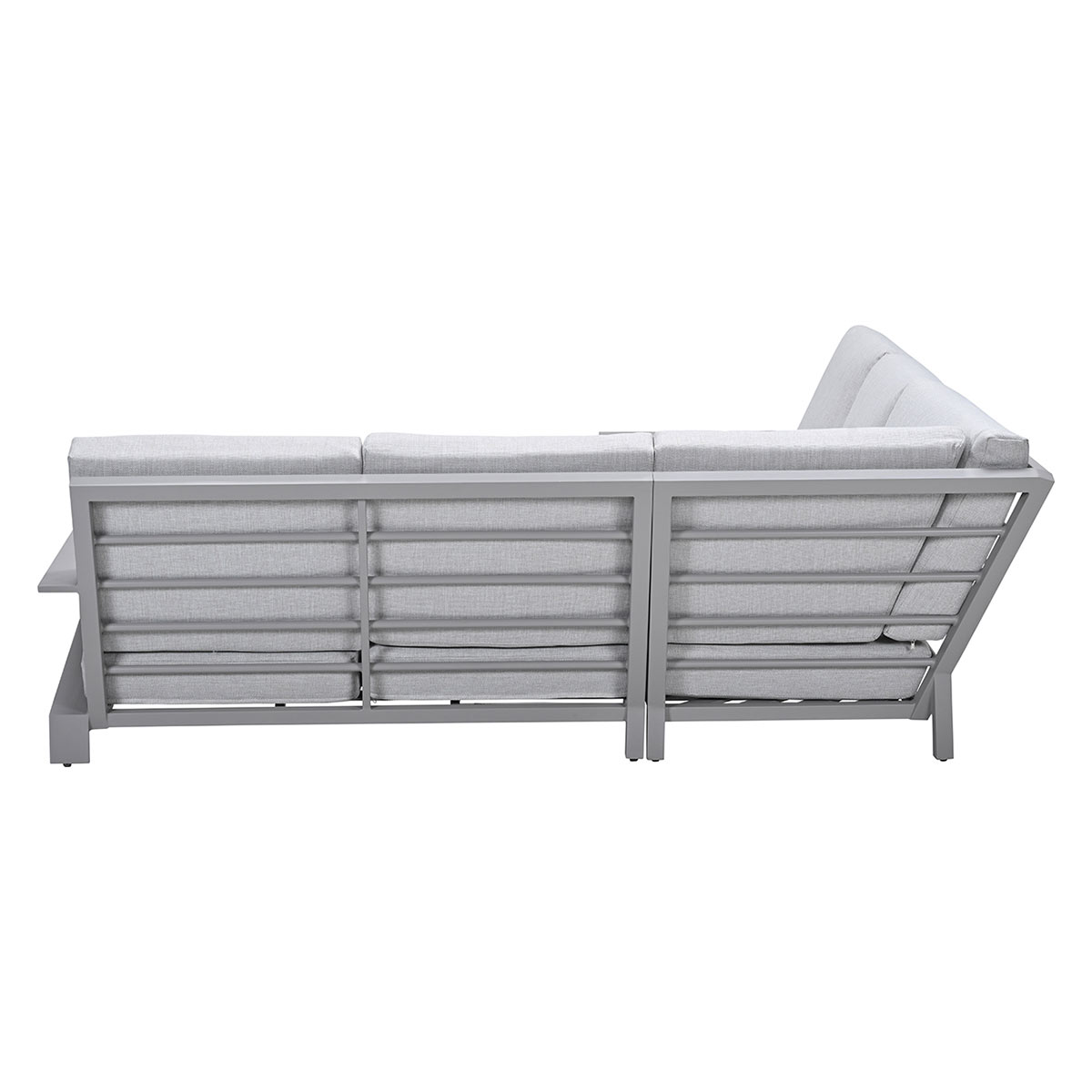 A gray sectional sofa with light gray cushions and a metal frame. The sofa has an L-shape with a backrest and armrests.