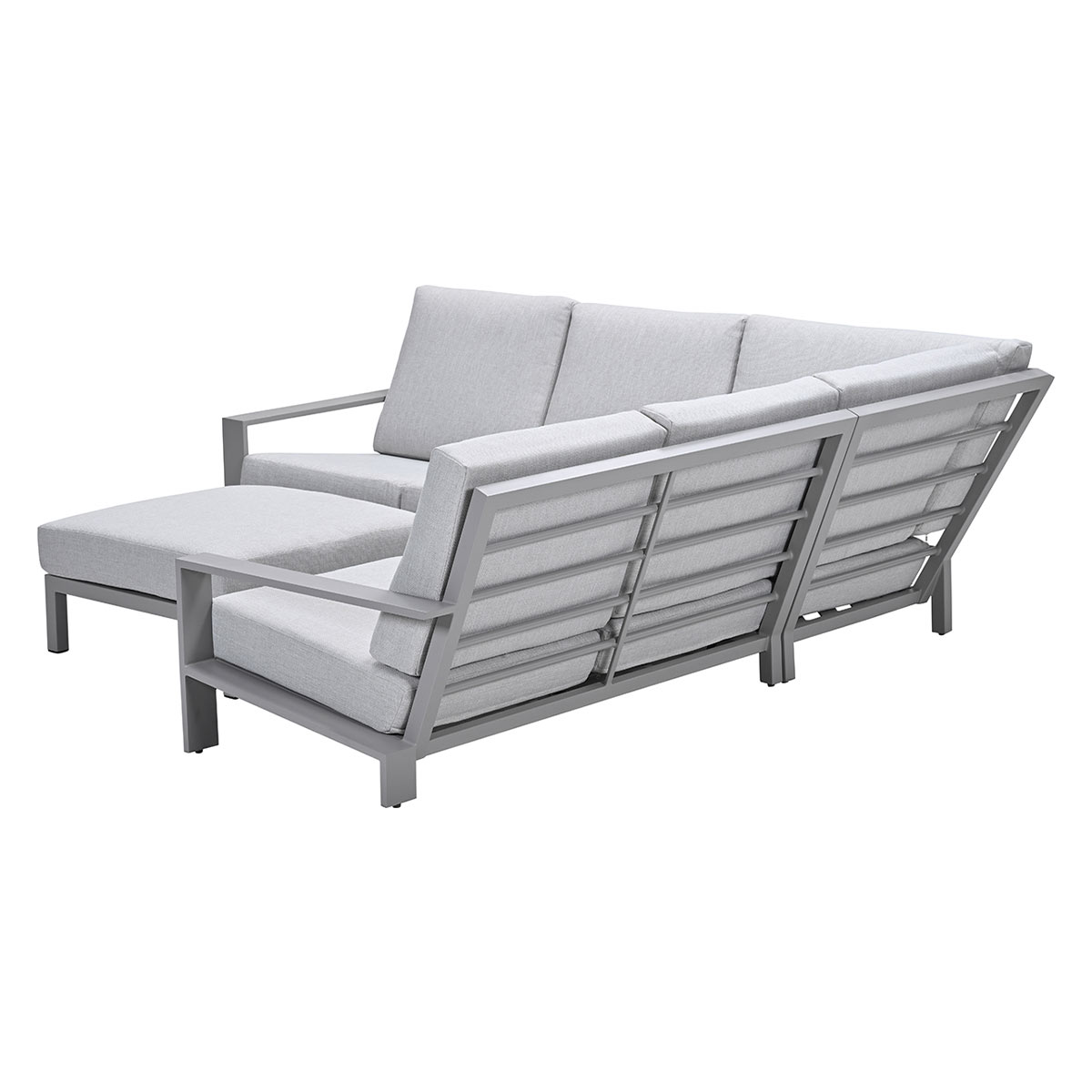A light gray sectional sofa with a matching ottoman on a white background. The sofa has a metal frame and light gray cushions.