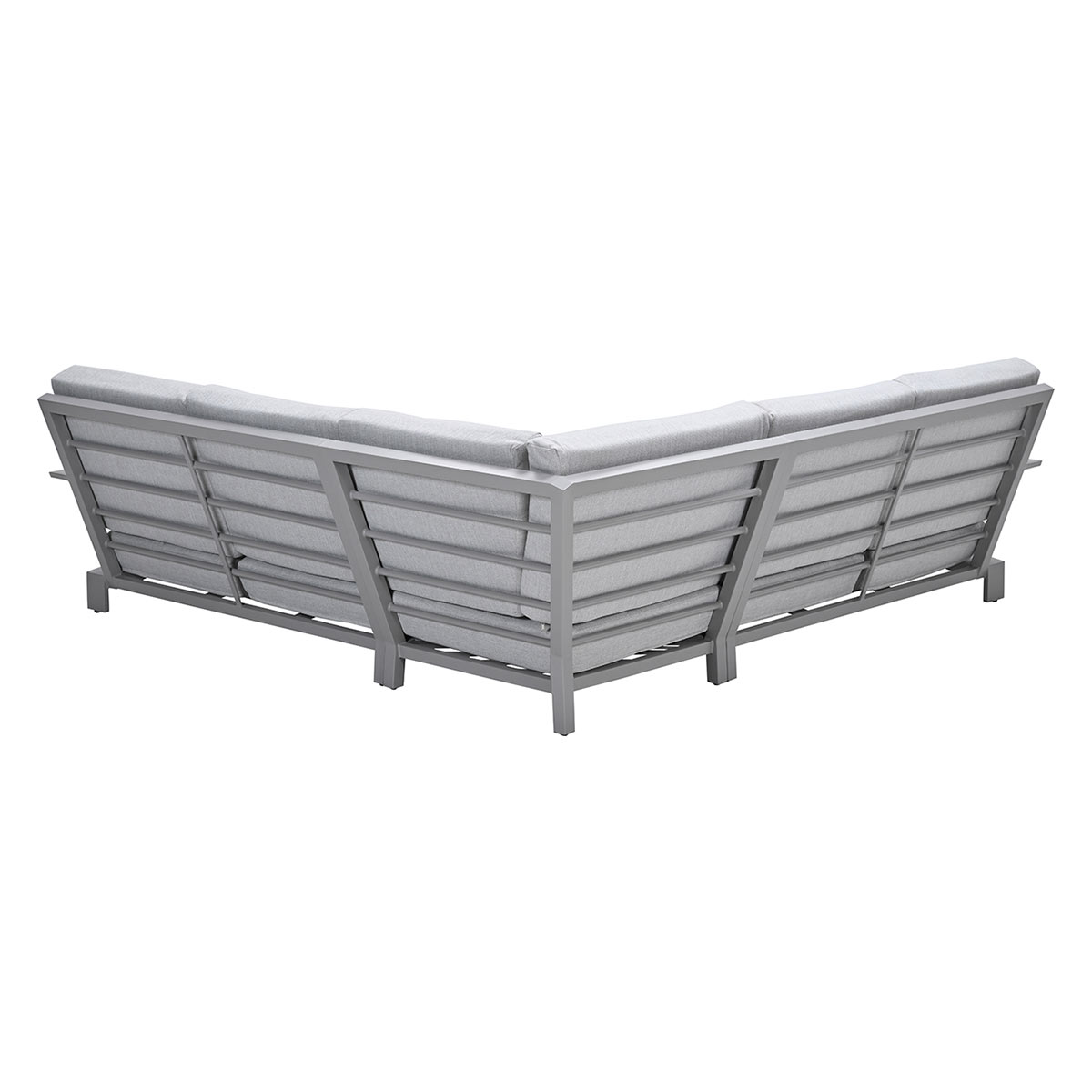 An L-shaped outdoor sofa in light gray. It has a metal frame and gray cushions. The background is plain white.