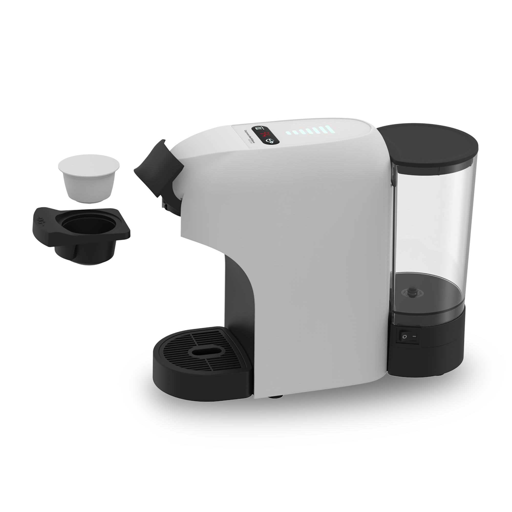 Eine weiße und graue Kaffeemaschine mit abgenommenen Teilen, darunter eine Kaffeepad und ein schwarzer Halter. Rechts ist ein Wassertank.