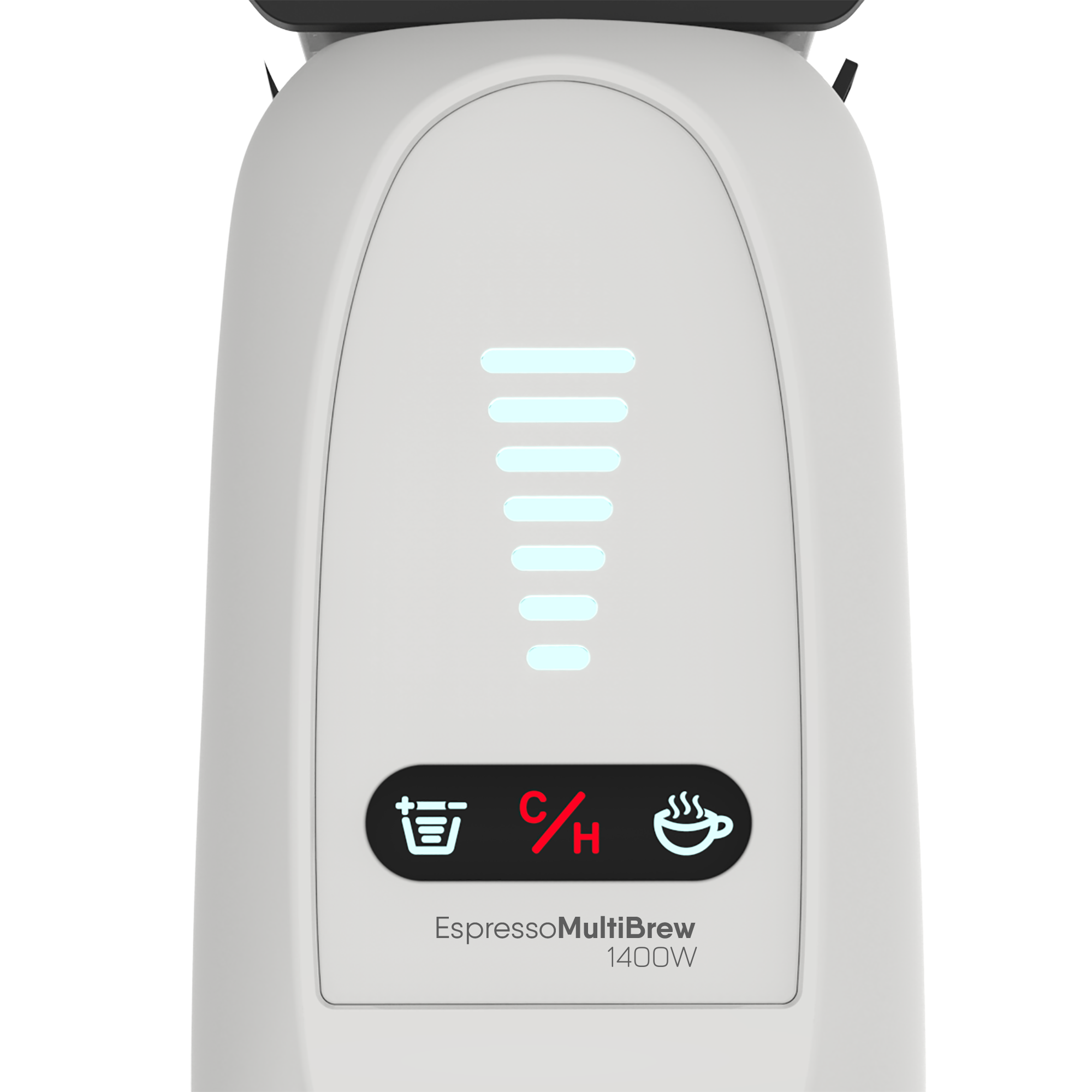Nahaufnahme einer weißen Espresso-MultiBrew-Maschine. Sie hat ein Display und ein rotes C/H-Symbol. Text: EspressoMultiBrew 1400W.