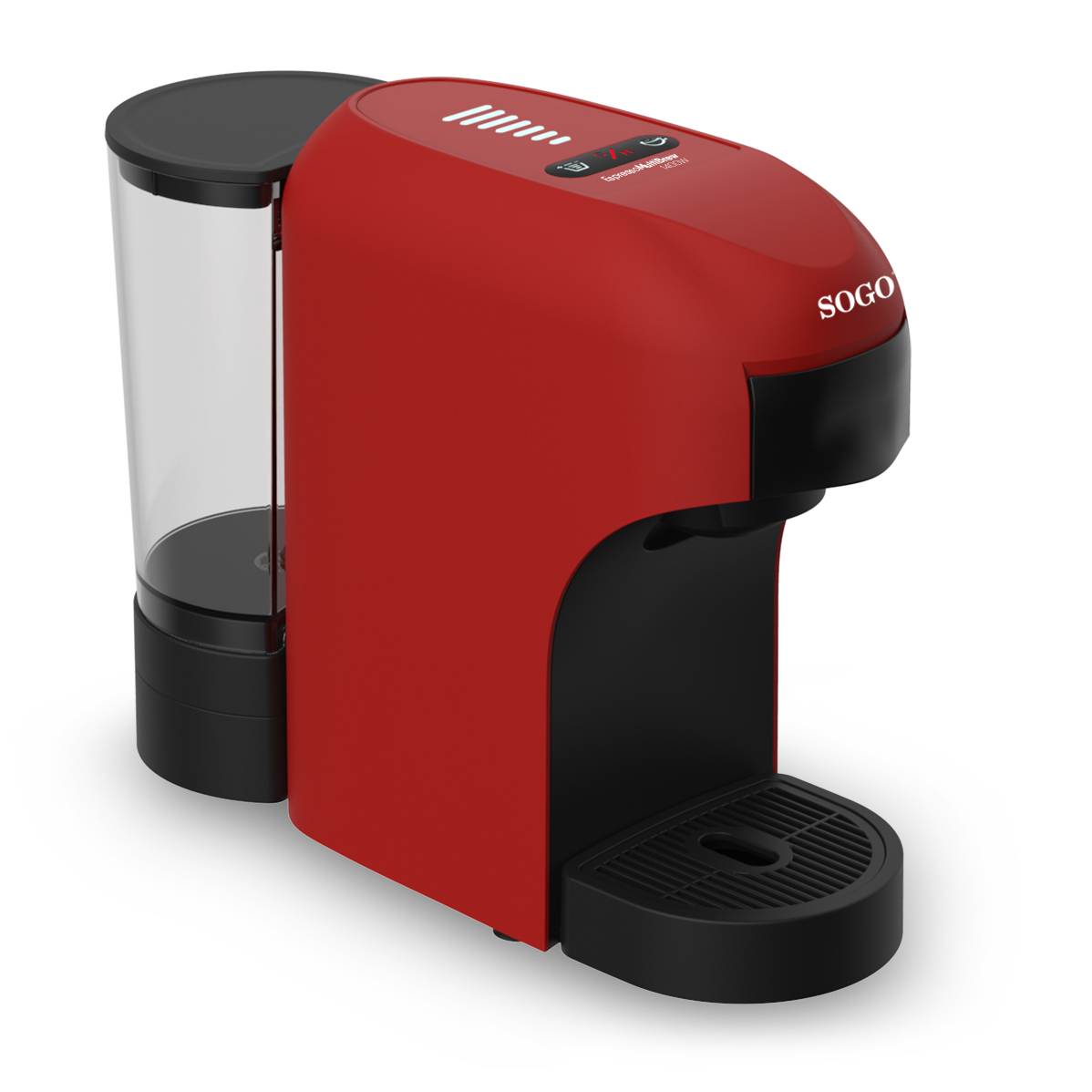 Czerwony ekspres do kawy SOGO z czarną podstawą i zbiornikiem na wodę na białej powierzchni. Maszyna w ujęciu studyjnym.