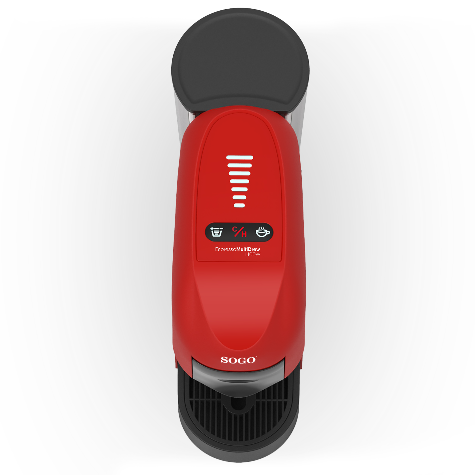 Czerwony ekspres do kawy SOGO, widok z góry. Ma czarną górę i ciemnoszare tło ze współśrodkowymi liniami.