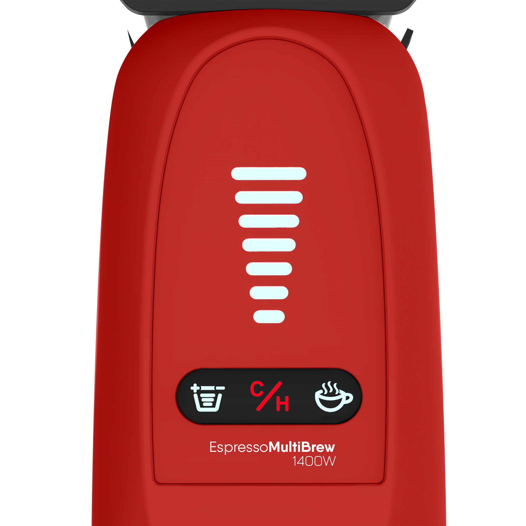 Czerwona maszyna EspressoMultiBrew. Posiada kontrolki i ikony ustawień. Tekst mówi 1400W.