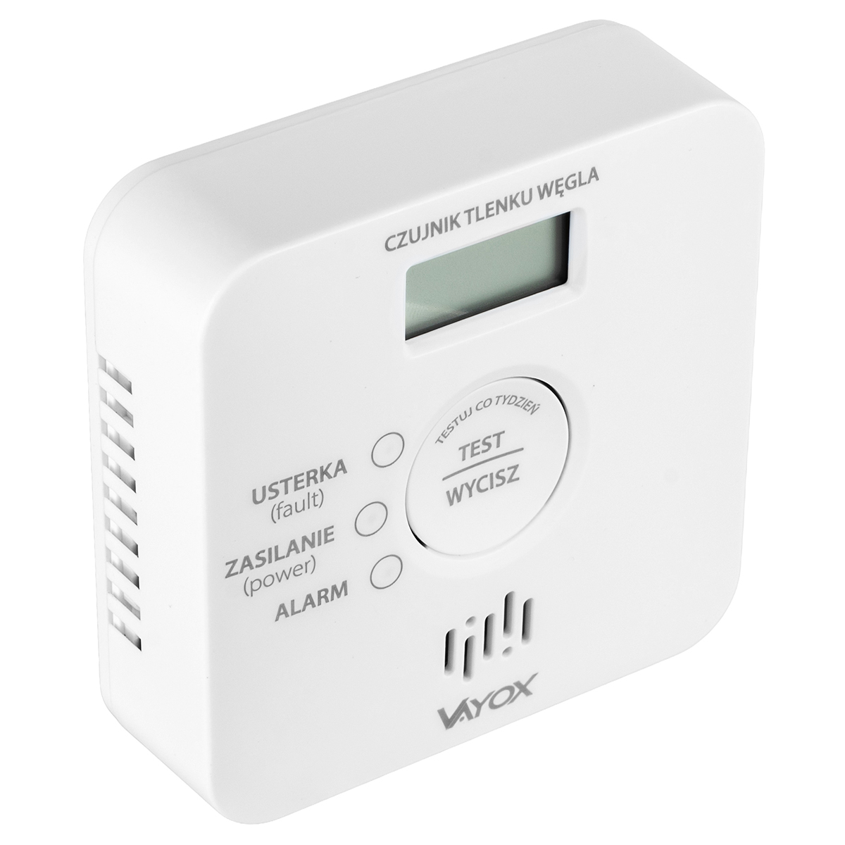 Biały czujnik tlenku węgla. Posiada wyświetlacz, przycisk testu oraz kontrolki usterki, zasilania i alarmu. Marka to Vayox.