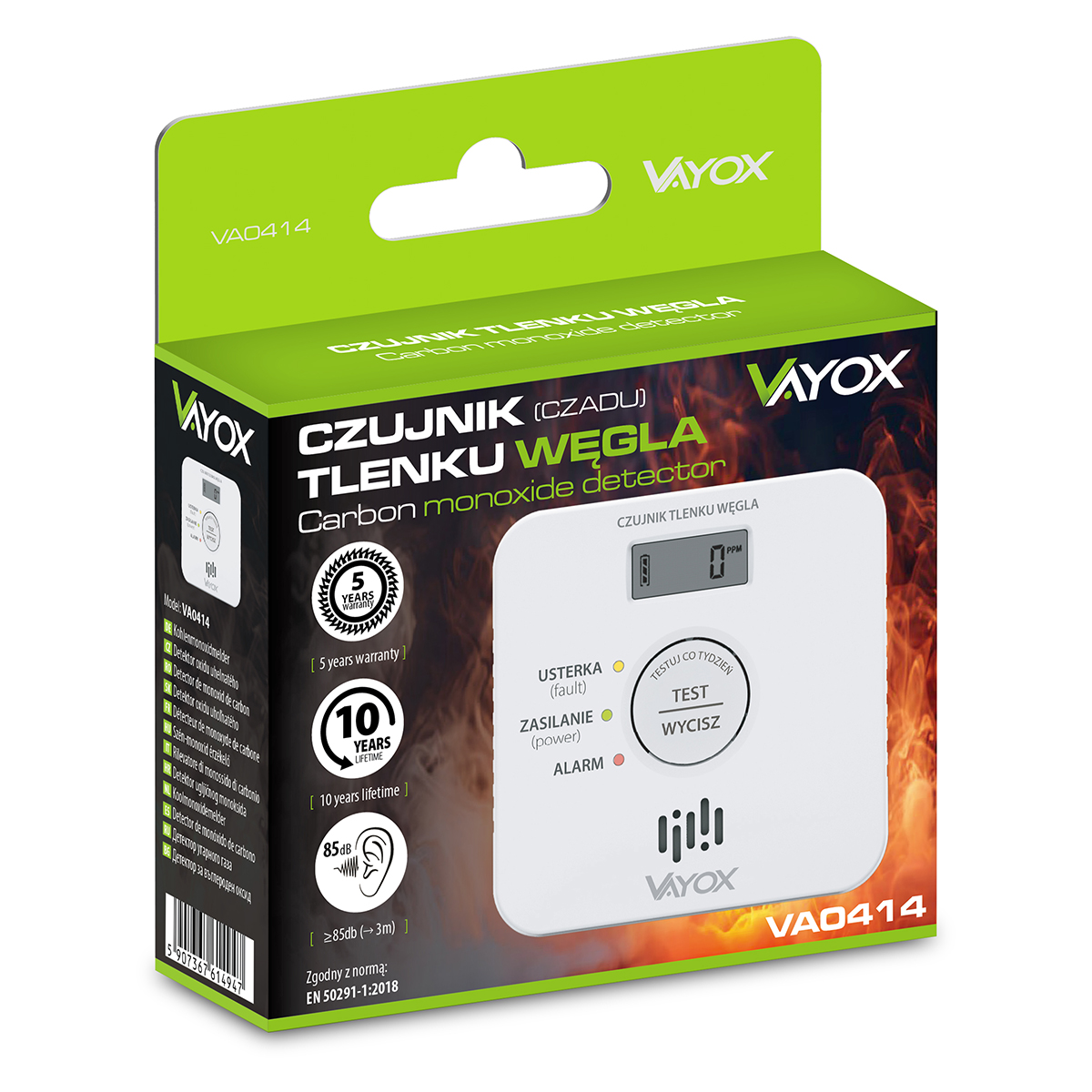 Zielono-białe pudełko z czujnikiem tlenku węgla. Posiada markę Vayox, model VA0414 i wyświetlacz.