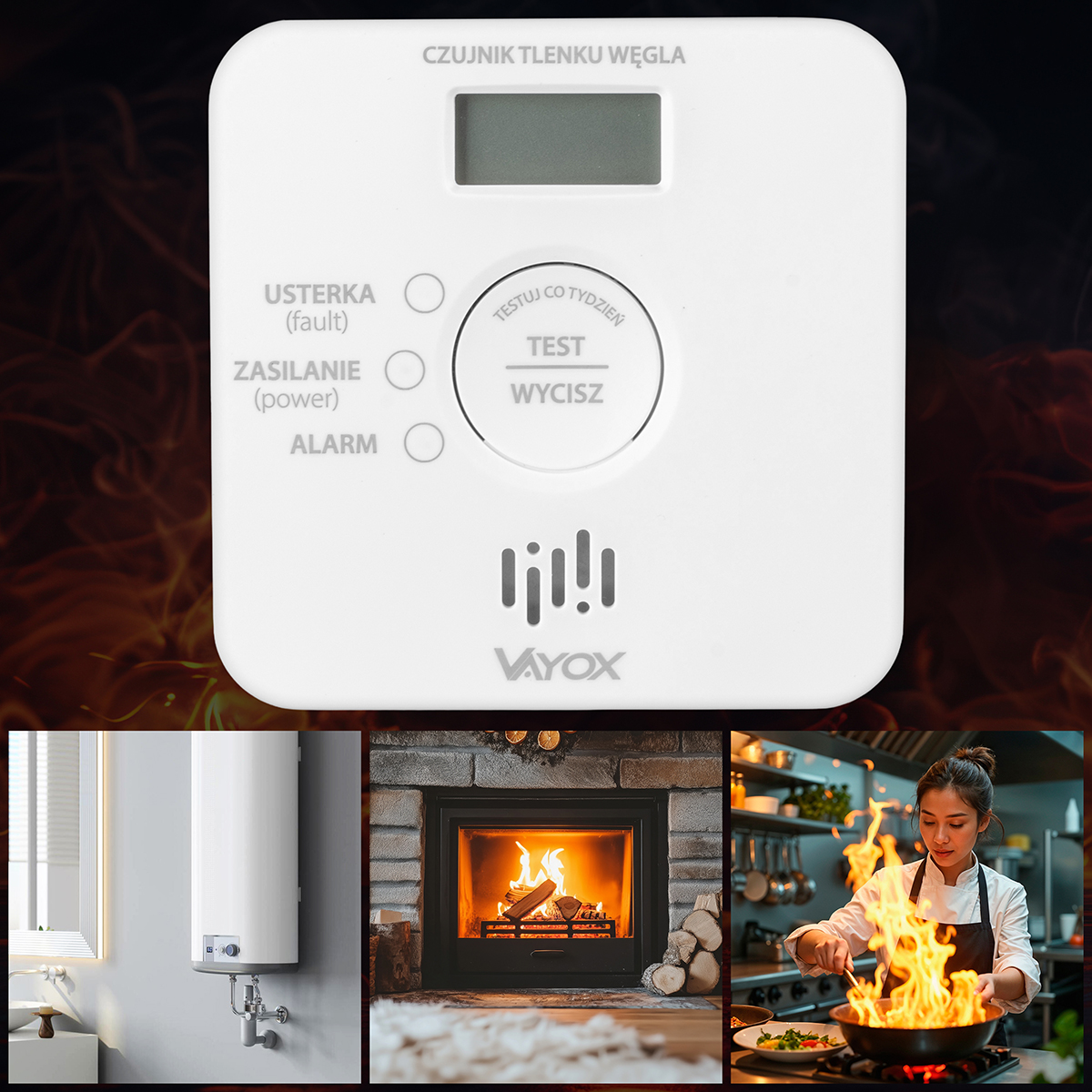 Biały detektor tlenku węgla z wyświetlaczem oraz zdjęcia bojlera, kominka i szefa kuchni gotującego z płomieniami.