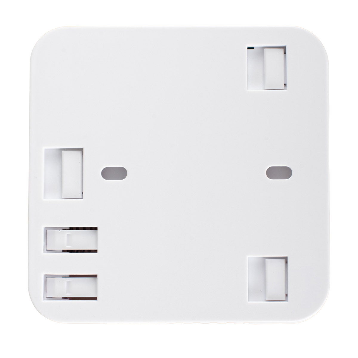 Białe kwadratowe urządzenie z zaokrąglonymi rogami, posiadające wiele prostokątnych szczelin i dwa owalne otwory, wszystko na białym tle.