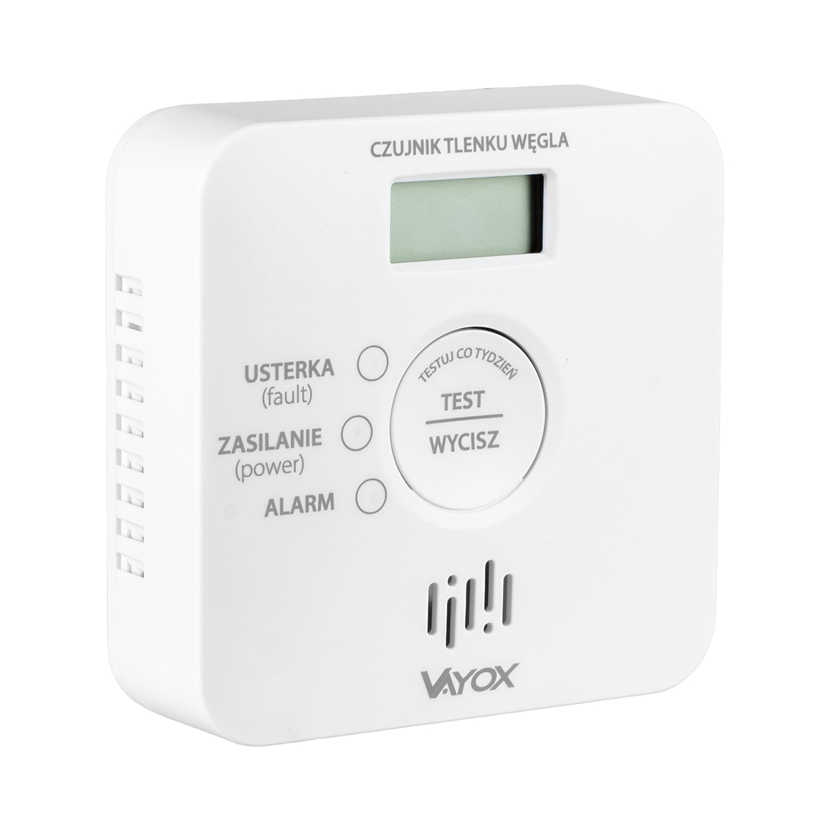 Biały czujnik tlenku węgla z wyświetlaczem, trzema kontrolkami i przyciskiem testu. Tekst: 'Czujnik Tlenku Węgla' i 'Vayox'.