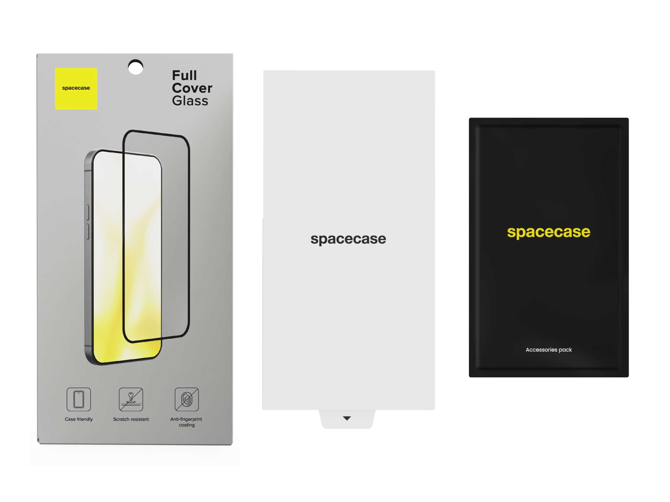 Zdjęcie produktu ochraniaczy ekranu. Opakowanie z ilustracją telefonu i nazwą marki. Kolejne pudełko z nazwą marki. Zestaw akcesoriów.