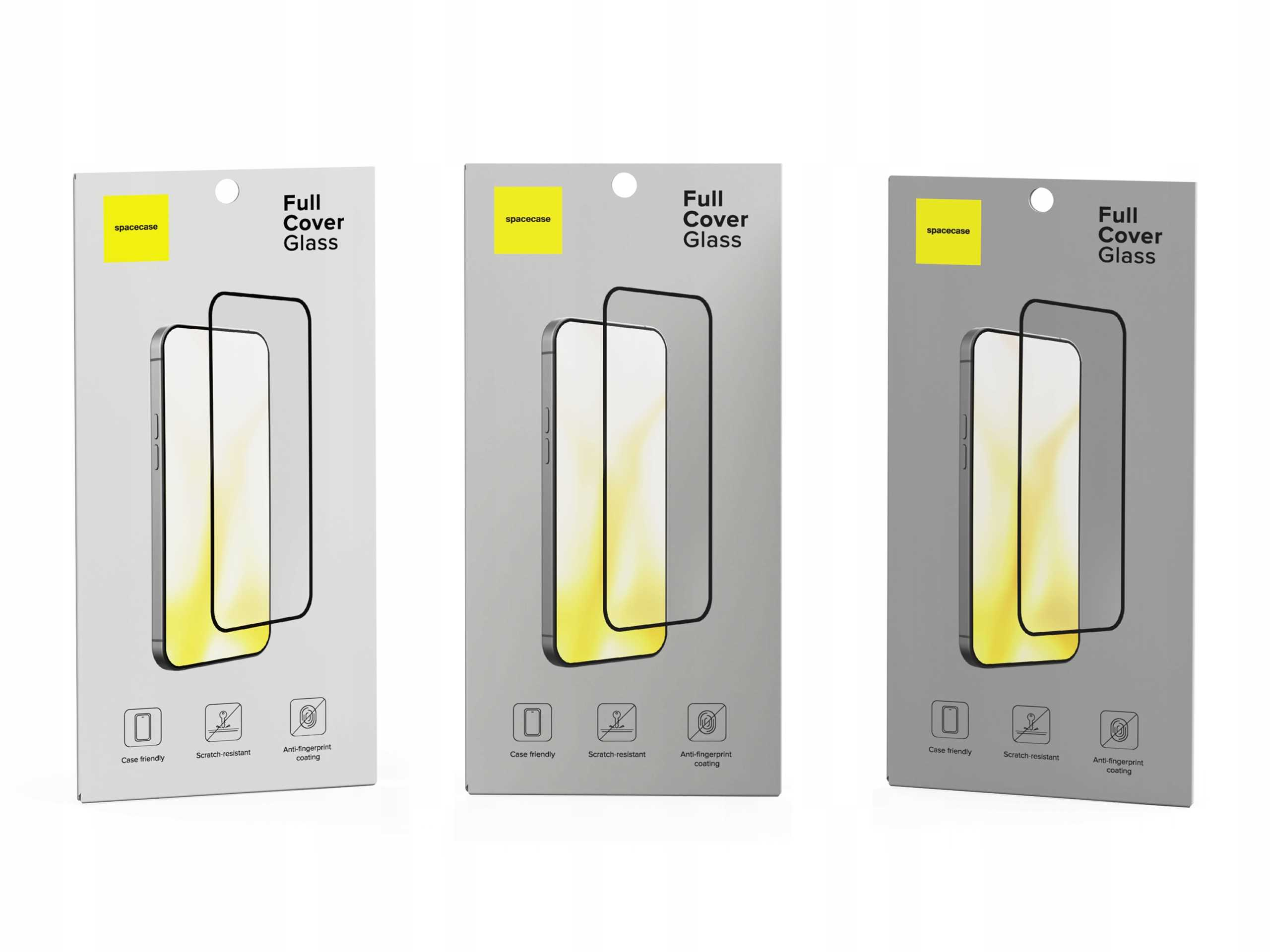 Trzy identyczne pudełka. Każde pokazuje telefon i ochraniacz ekranu. Tekst: Full Cover Glass, spacecase. Ikony: kompatybilny, odporny na zarysowania, anty-odciskowy.