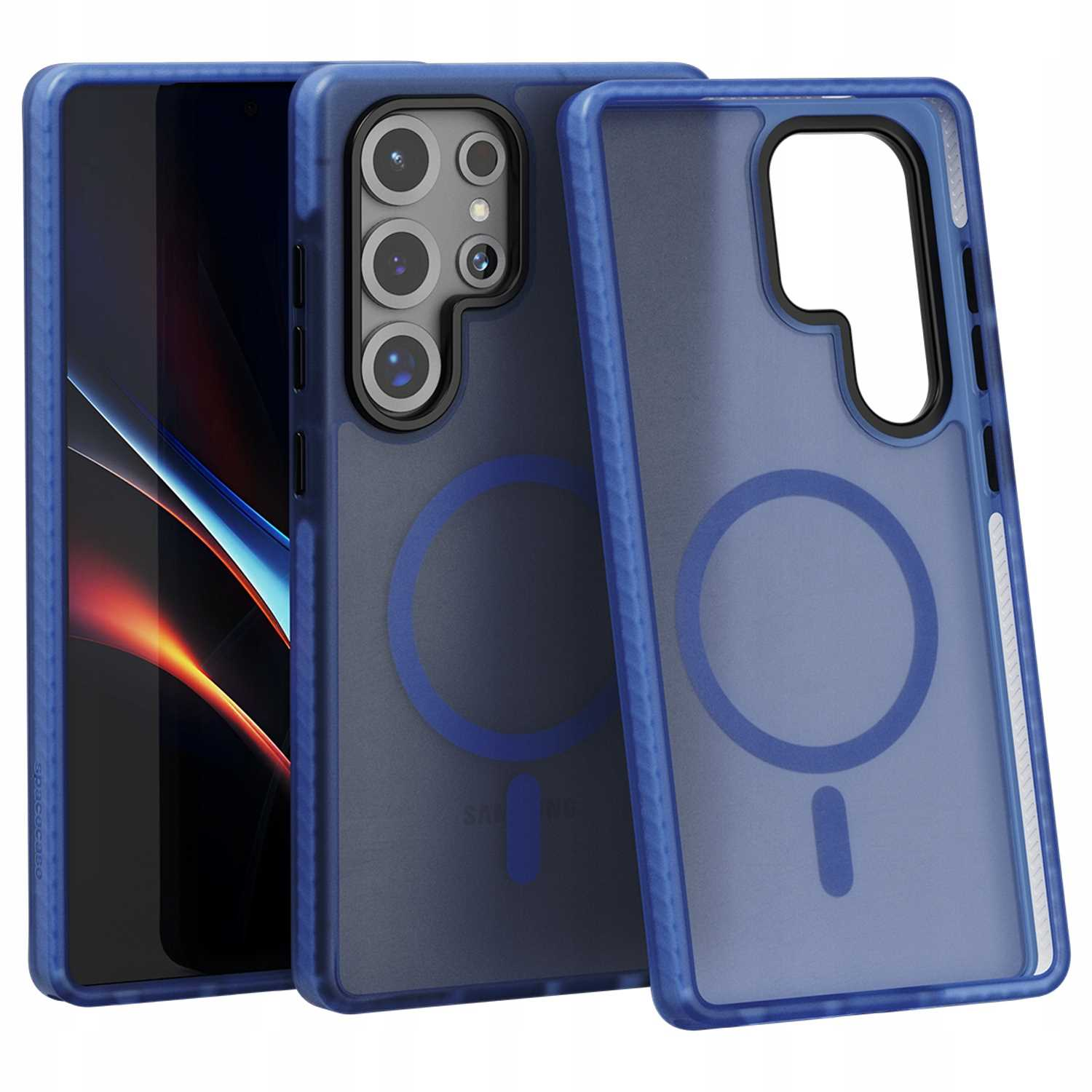 Niebieskie etui na telefon z telefonem w środku i drugie etui obok. Etui są przezroczyste.