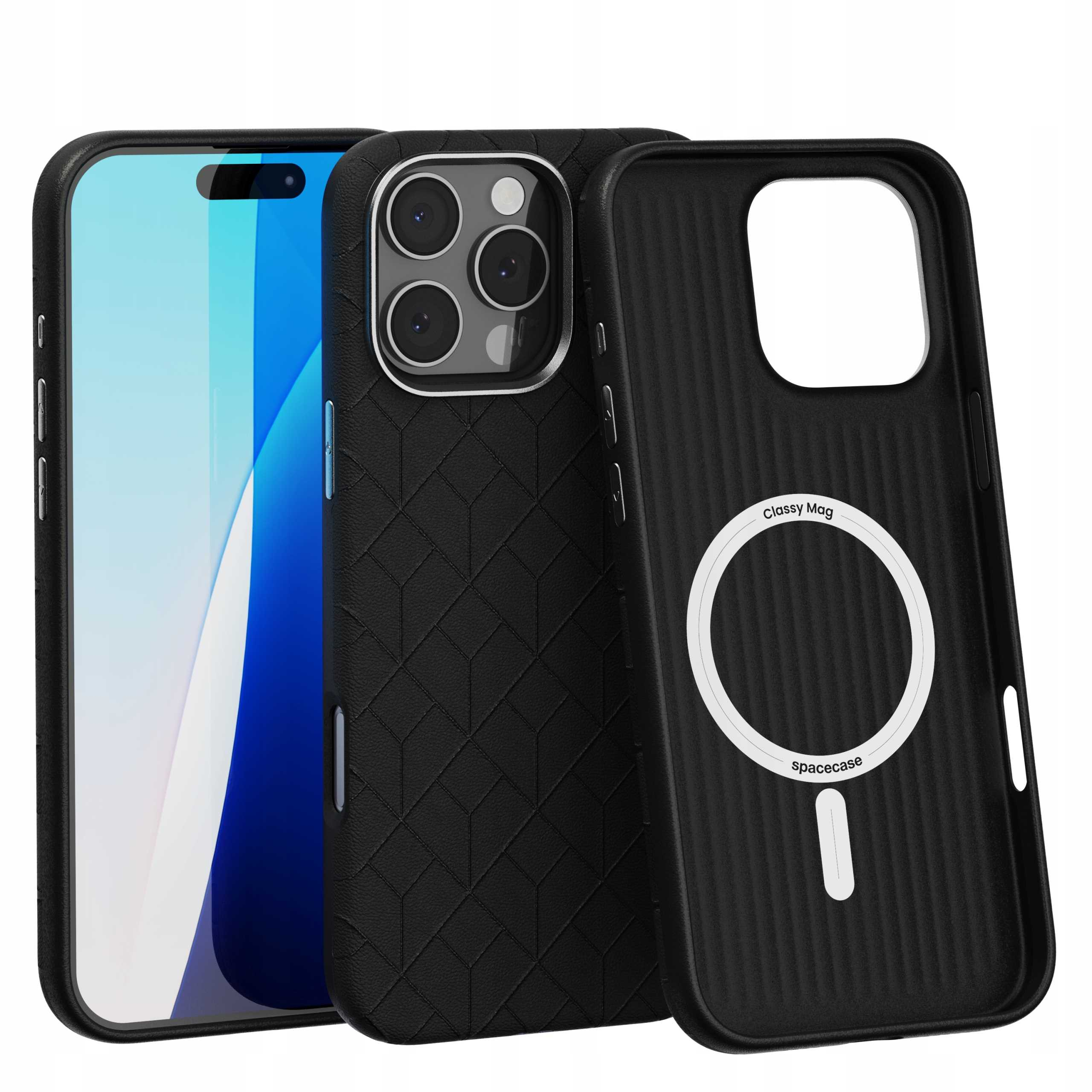 Czarne etui na telefon z geometrycznym wzorem. Zawiera iPhone'a i etui. Etui ma wycięcie na aparat i okrągły design.