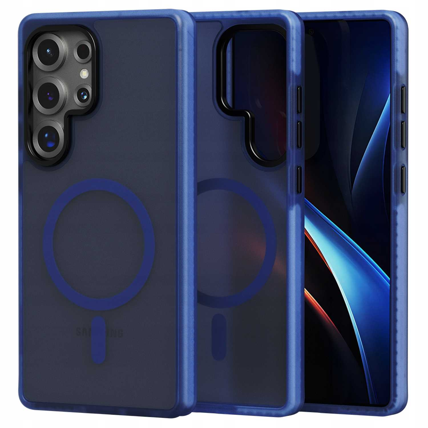 Niebieskie etui na telefon z trzema widocznymi warstwami, pokazujące telefon w środku. Etui zawiera okrągły wzór i napis Samsung.