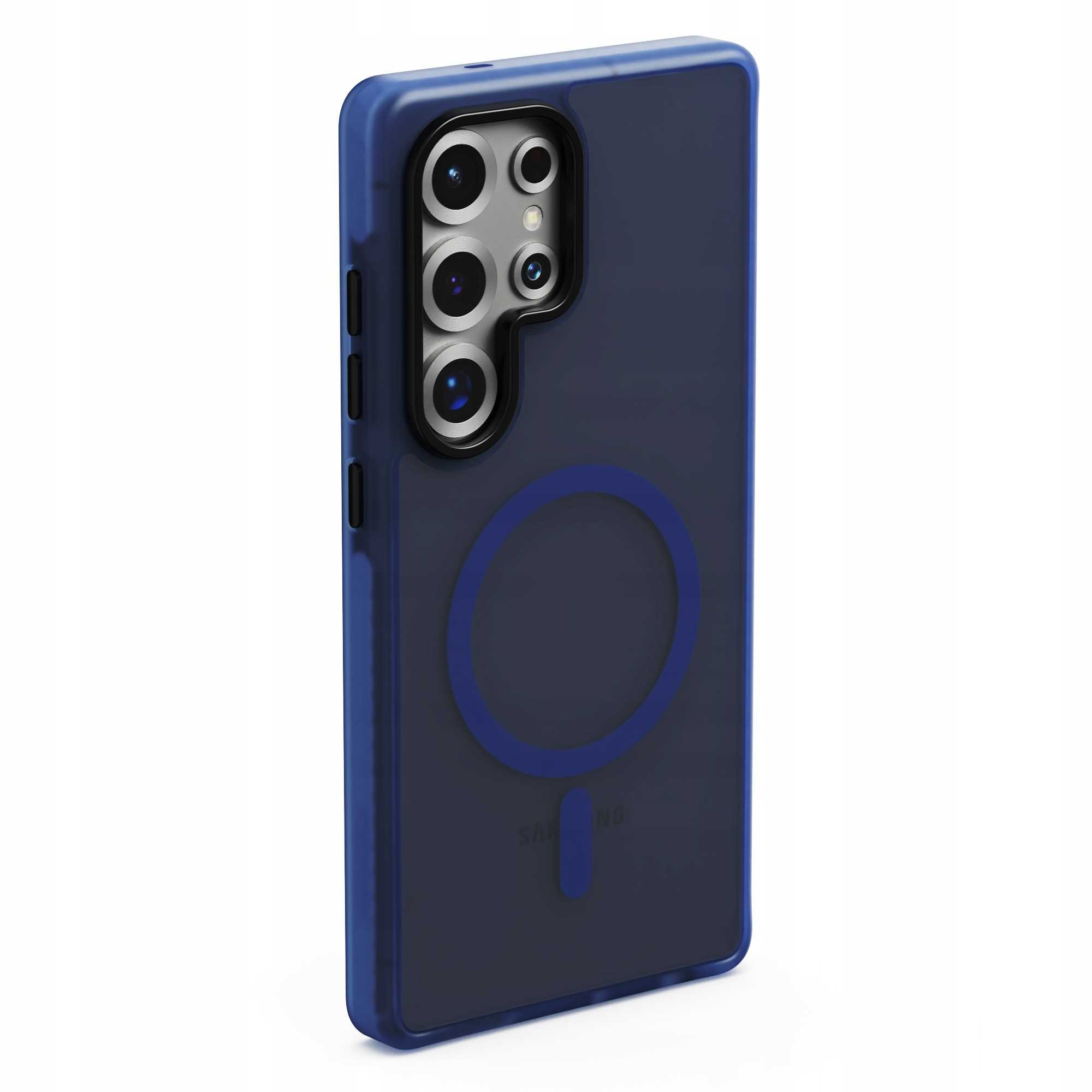 Niebieskie etui na telefon z przezroczystym okręgiem i czarną sekcją aparatu jest pokazane na białym tle.