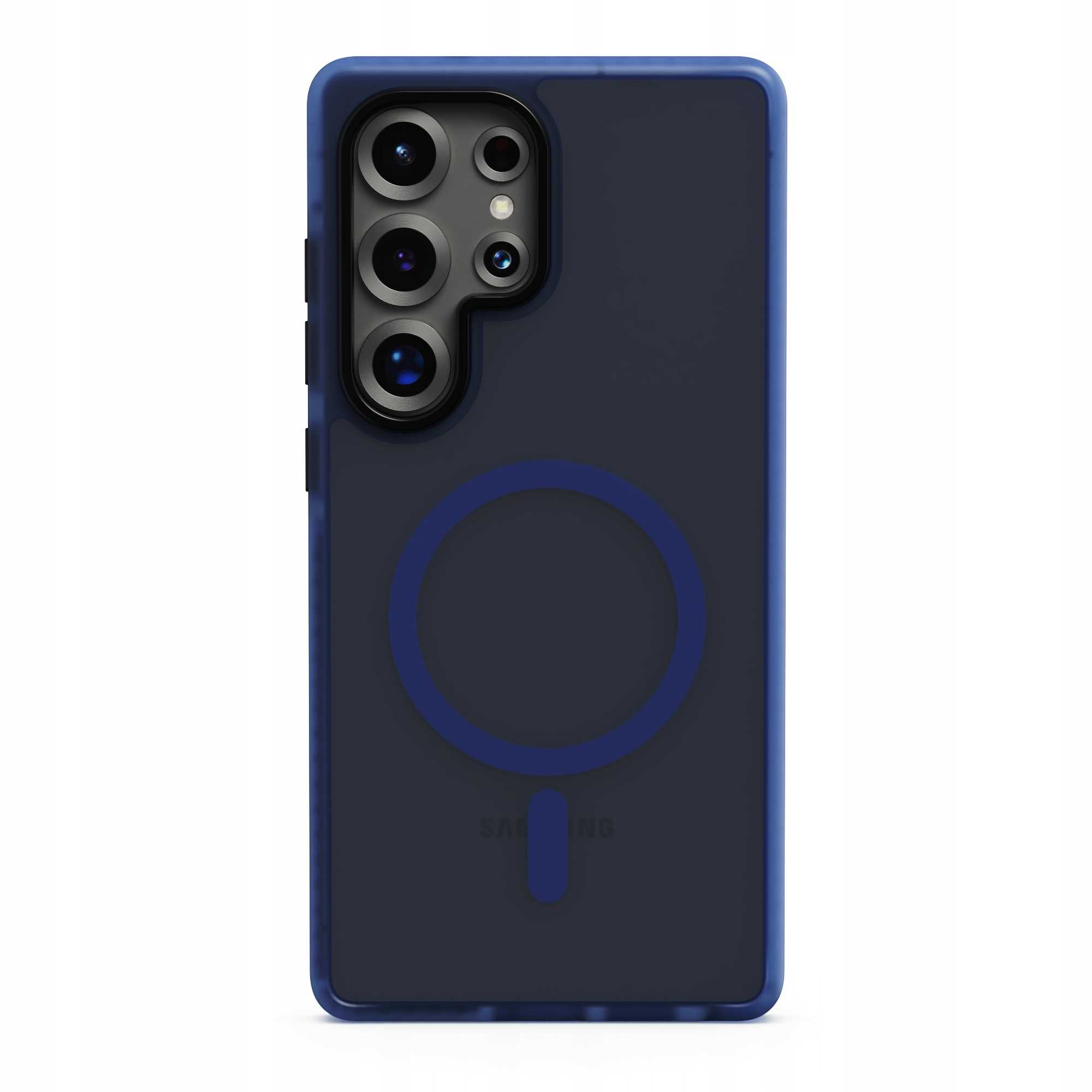 Ciemnoniebieskie etui na telefon dla Samsunga. Posiada moduł kamery i okrągły design. Widoczne jest logo Samsung.