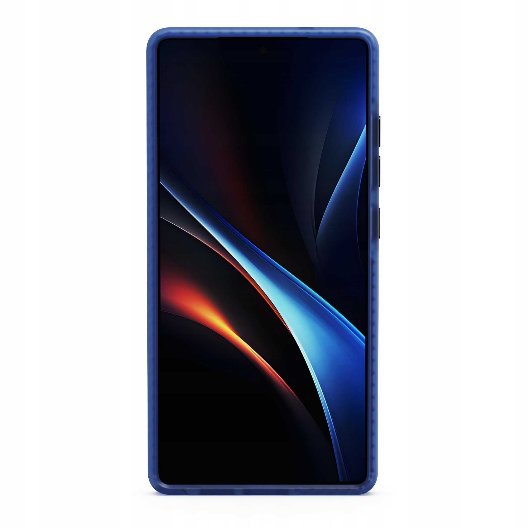 Smartfon w niebieskim etui. Ekran wyświetla ciemny, abstrakcyjny wzór z pomarańczowymi i niebieskimi akcentami.