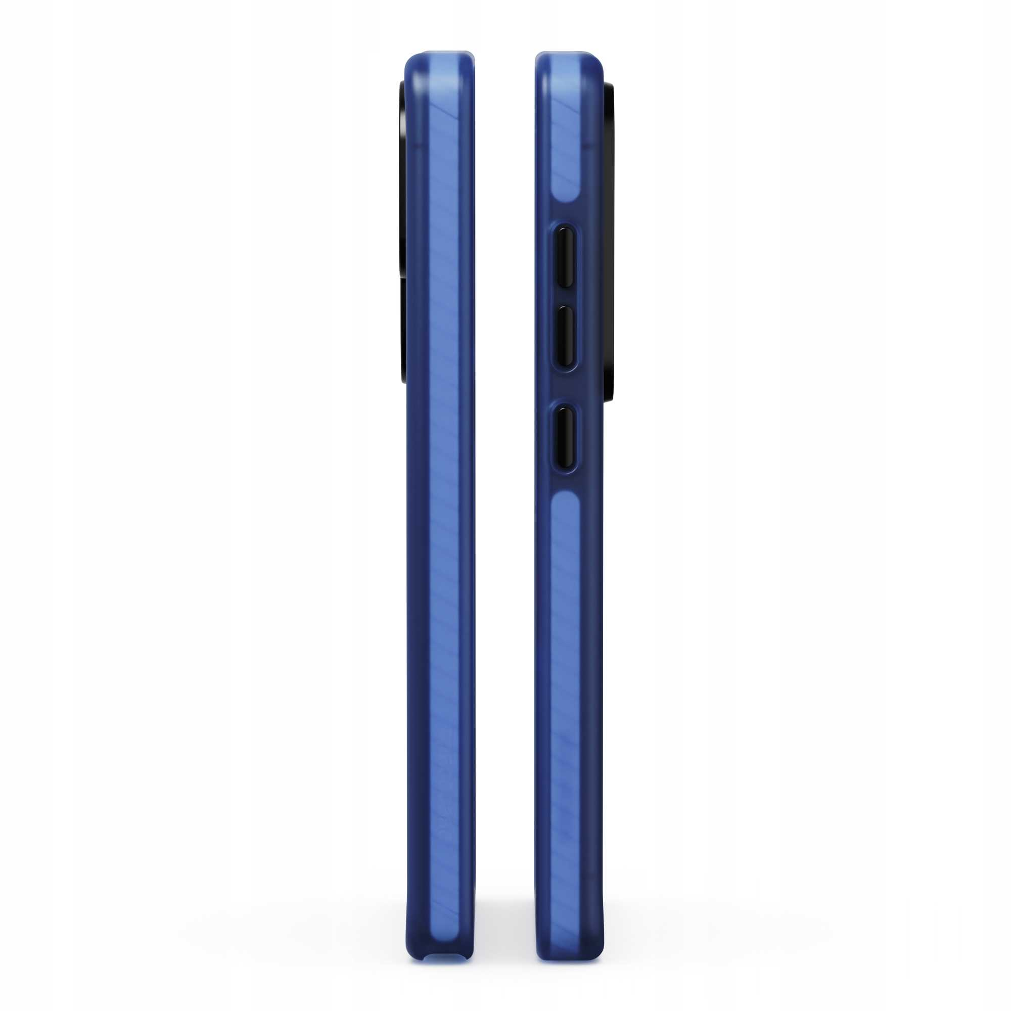 Dwa niebieskie etui na telefon stoją prosto. Jeden pokazuje stronę z przyciskami, drugi jest w kolorze niebieskim. Białe tło.