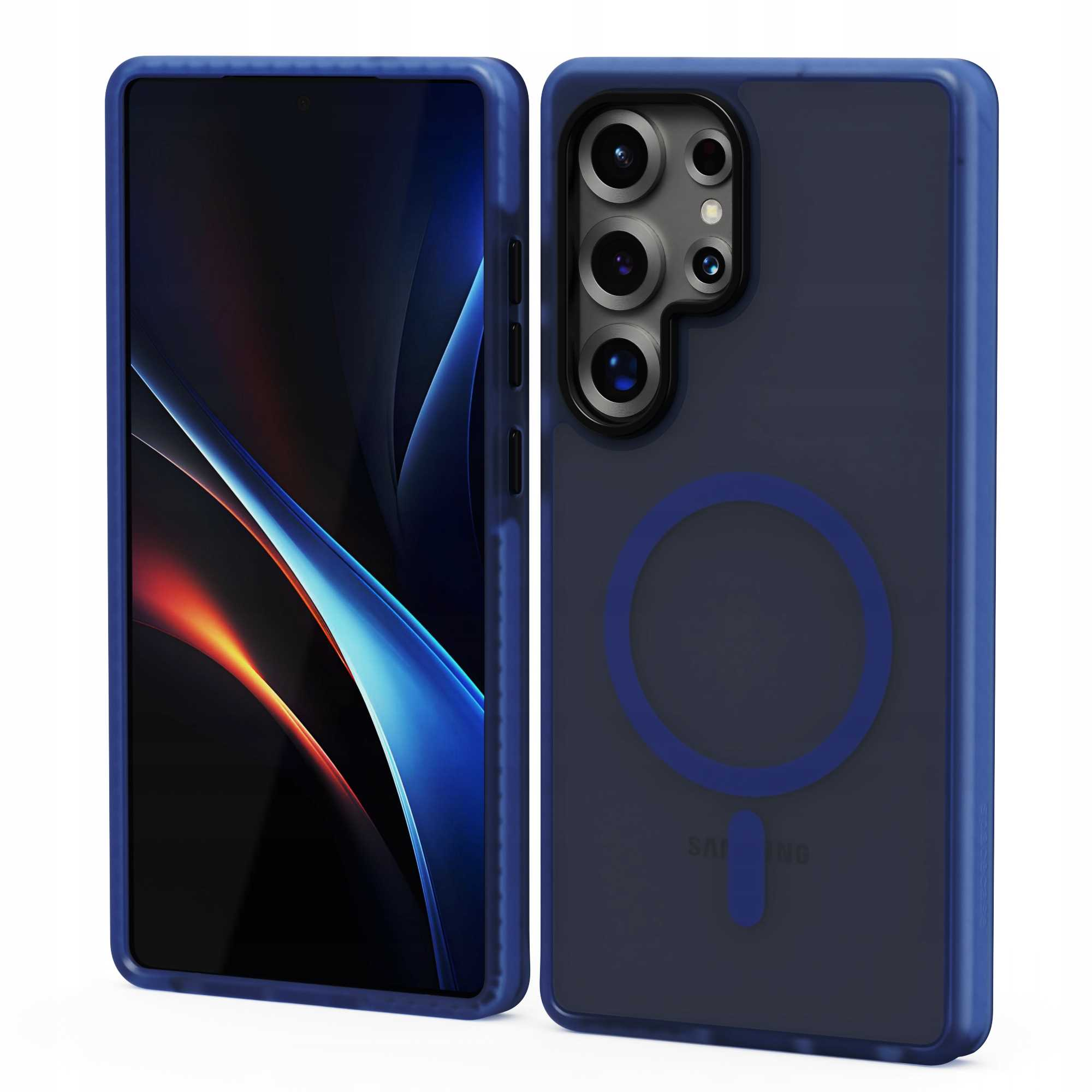 Dwa niebieskie etui na telefony, jedno z telefonem. Etui po prawej ma pierścień i napis SAMSUNG.