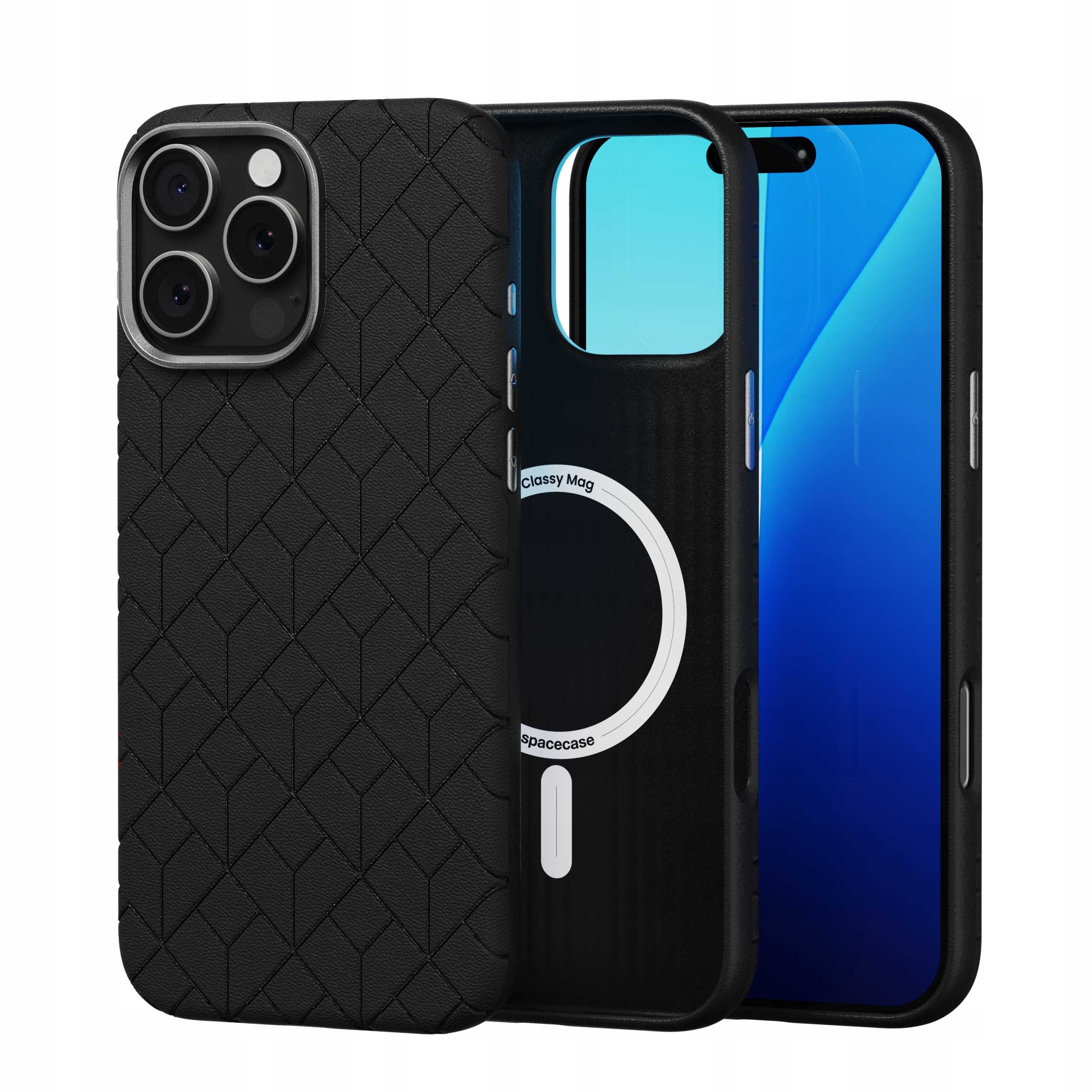Czarne etui na telefon z teksturowanym geometrycznym wzorem, otwarte, aby odsłonić telefon z niebieskim ekranem.