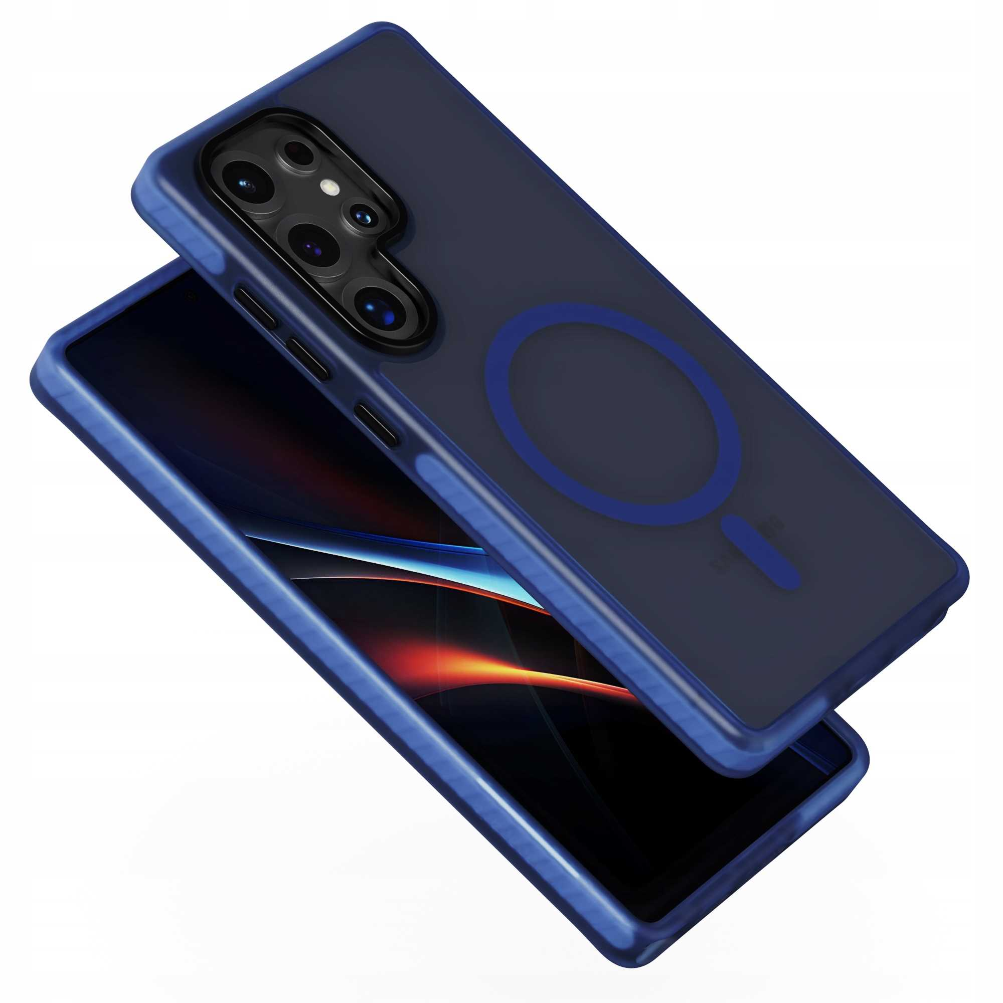 Niebieskie etui na telefon z ciemnym ekranem i obiektywami aparatu. Etui ma magnetyczne koło. Tło jest białe.