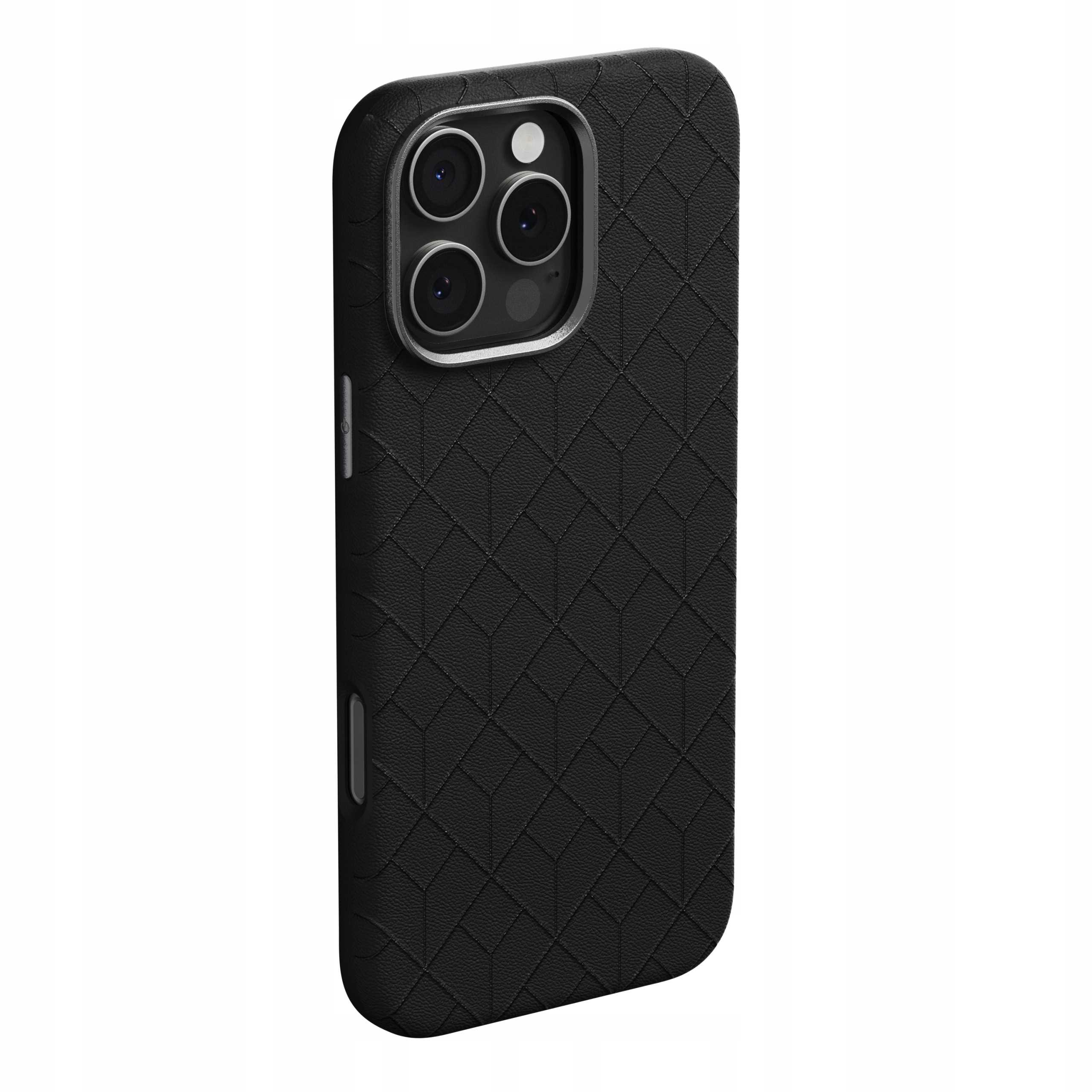 Czarny pokrowiec na iPhone'a z geometrycznym wzorem. Etui ma wycięcie na aparat i przyciski.