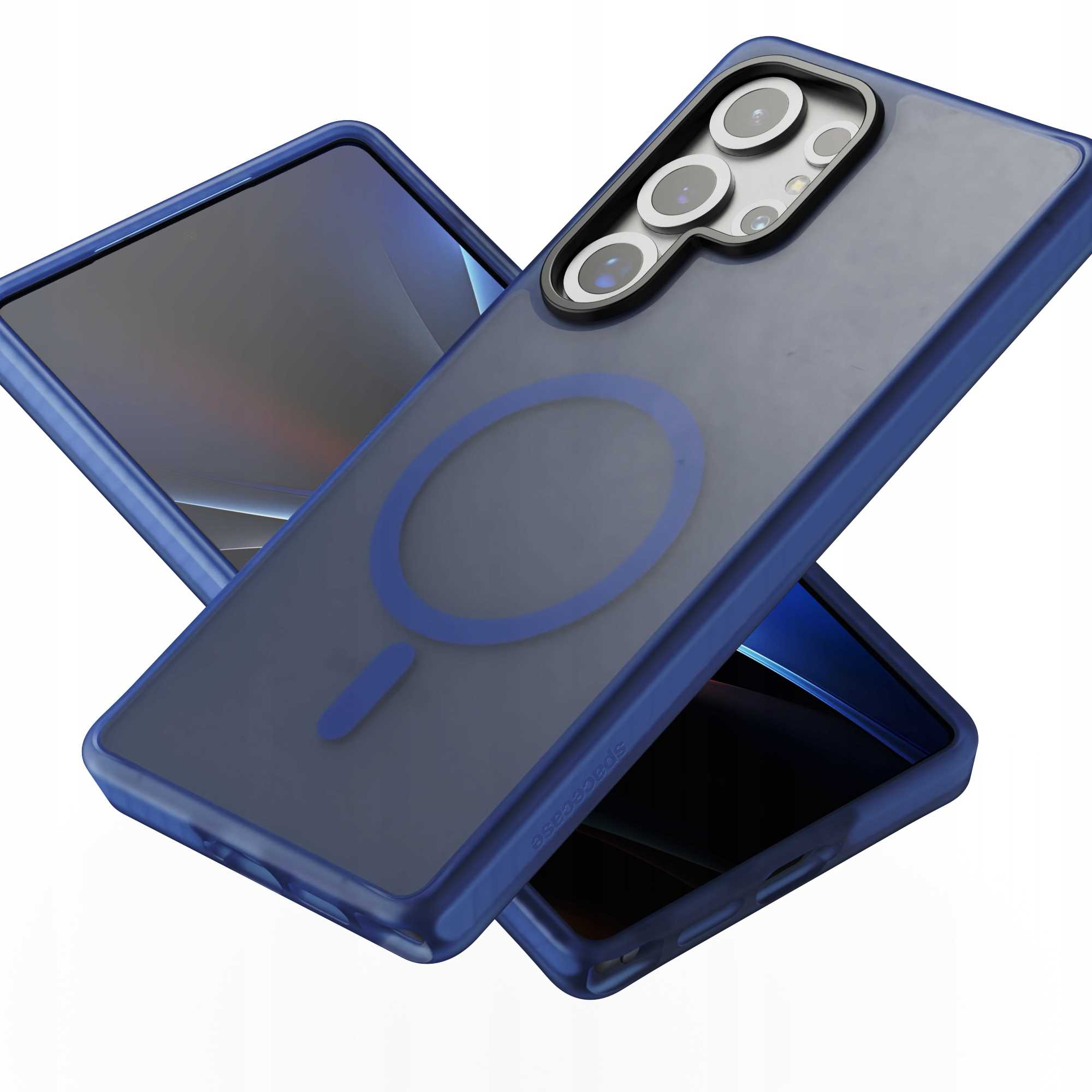 Dwa niebieskie etui na telefon. Jedno pokazuje obiektywy aparatu, drugie ekran. Oba mają ciemnoniebieski pierścień magnetyczny.
