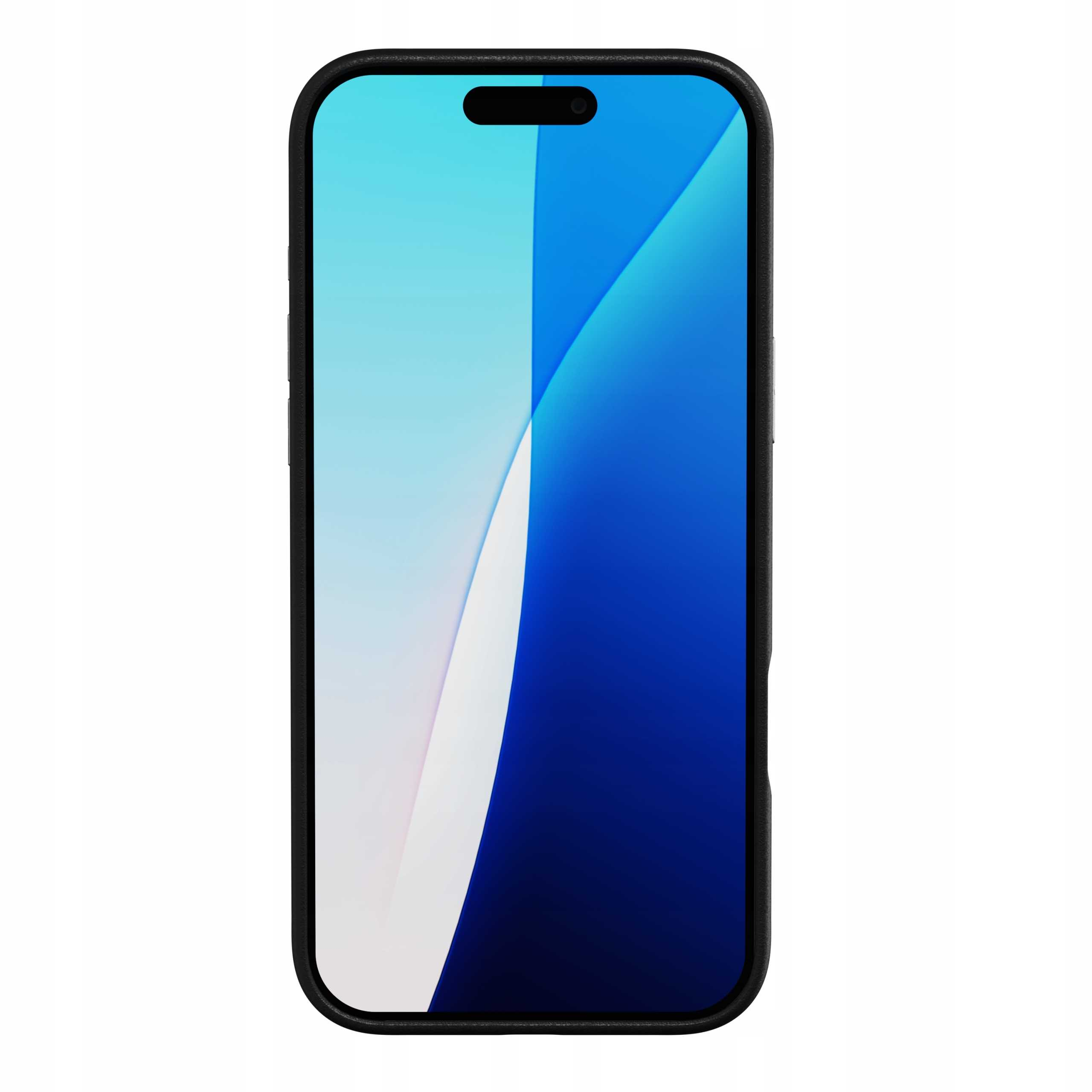 Smartfon z czarną ramką i niebiesko-białym wyświetlaczem gradientowym. Ekran ma czarne wcięcie u góry.