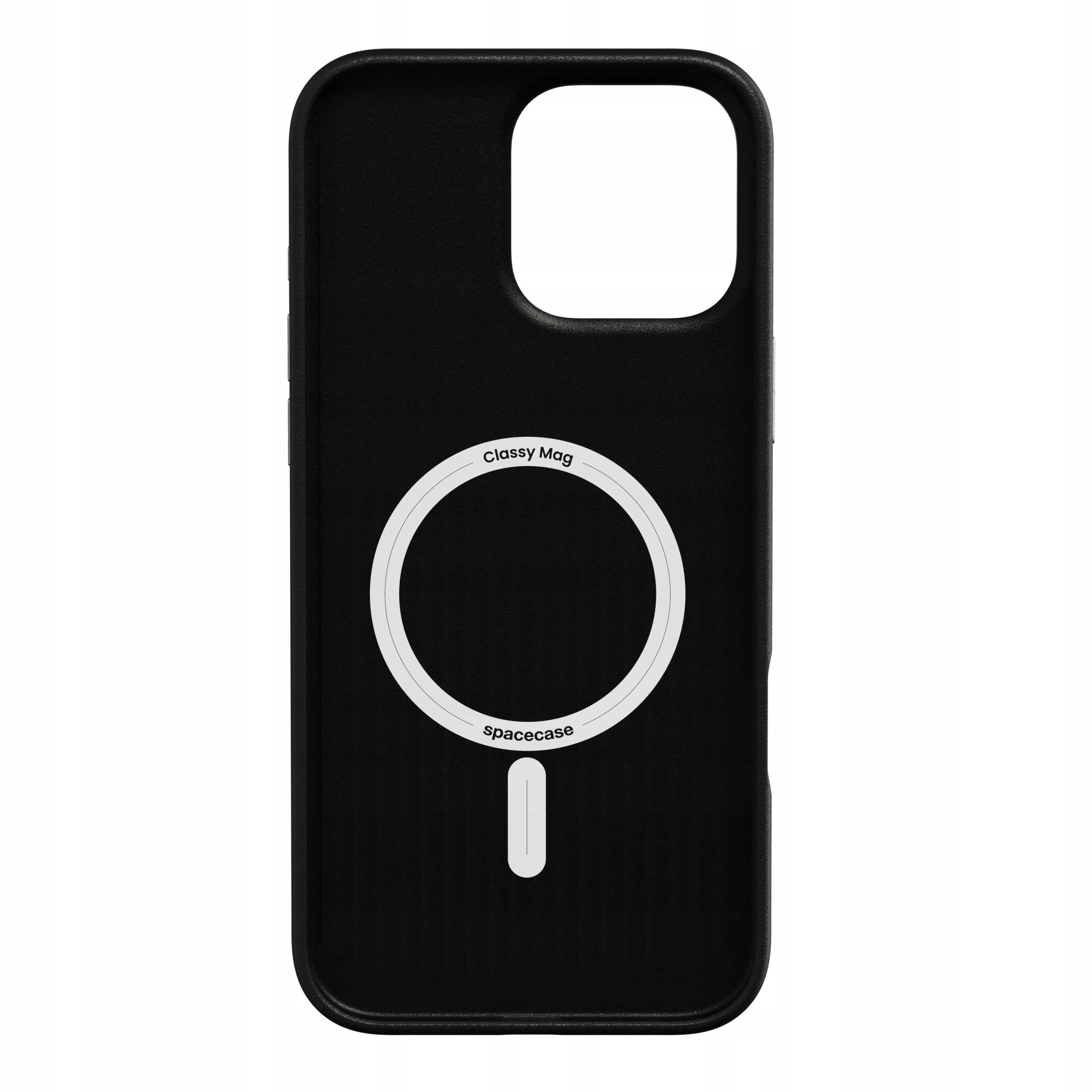 Czarne etui na telefon z białym pierścieniem i tekstem 'Classy Mag' i 'spacecase'.