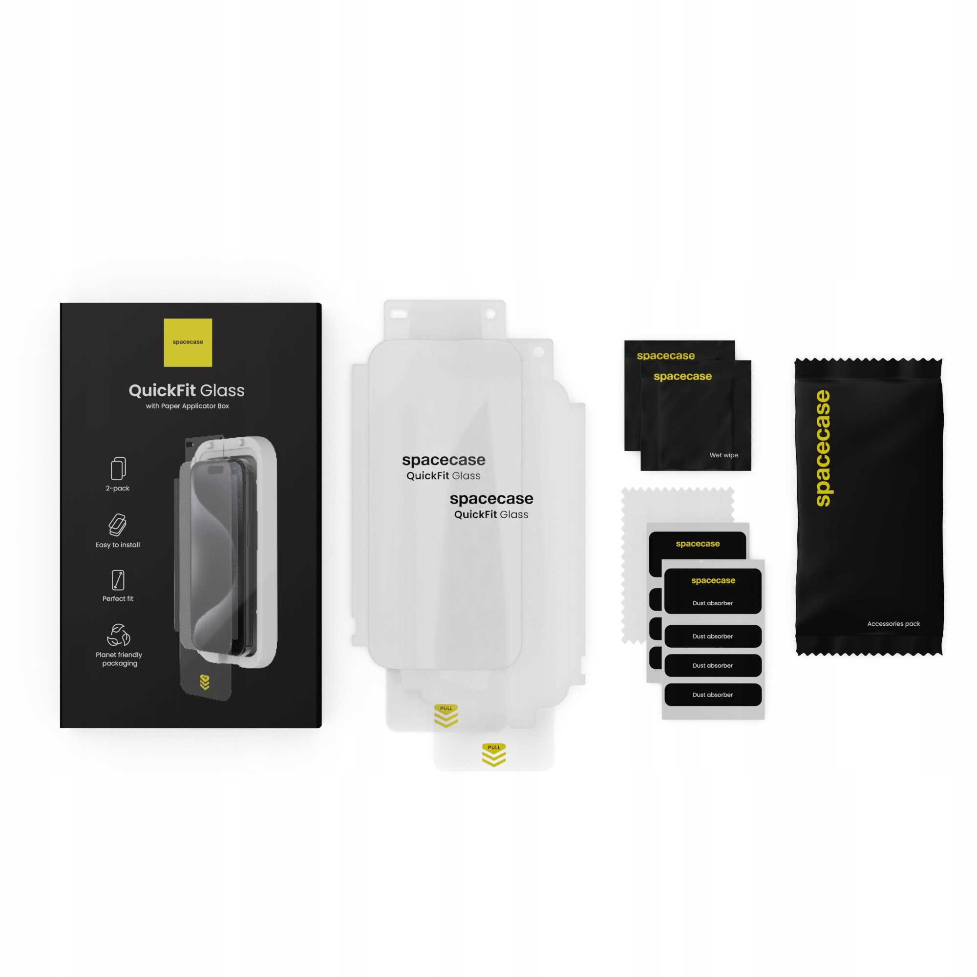 Prezentacja produktu Spacecase QuickFit Glass, w tym opakowanie, ochraniacze ekranu, chusteczki i pochłaniacze kurzu, wszystko na białej powierzchni.