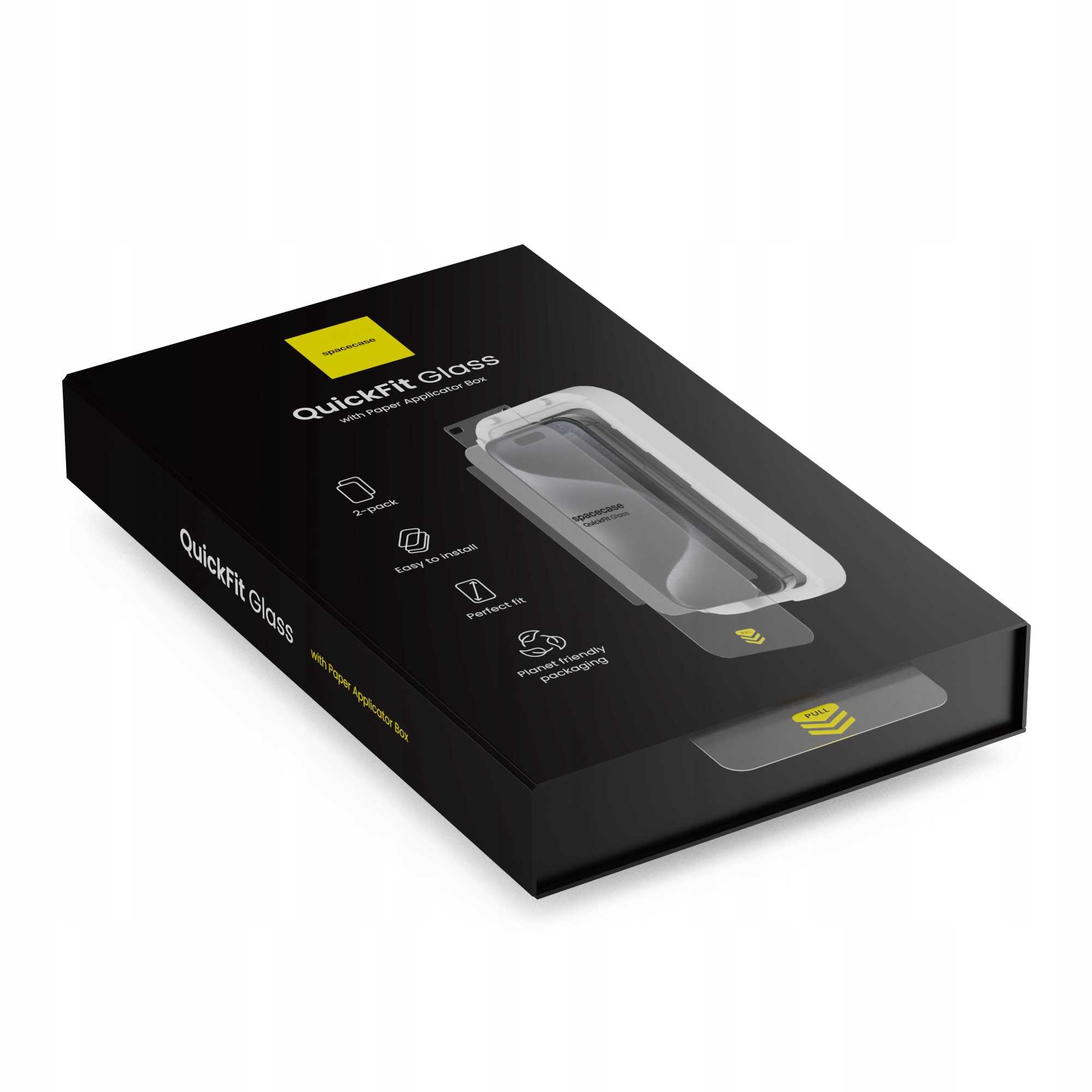 Czarne pudełko z napisem 'QuickFit Glass' i 'spacecase'. Wewnątrz widoczna folia ochronna, z zakładką do pociągnięcia.