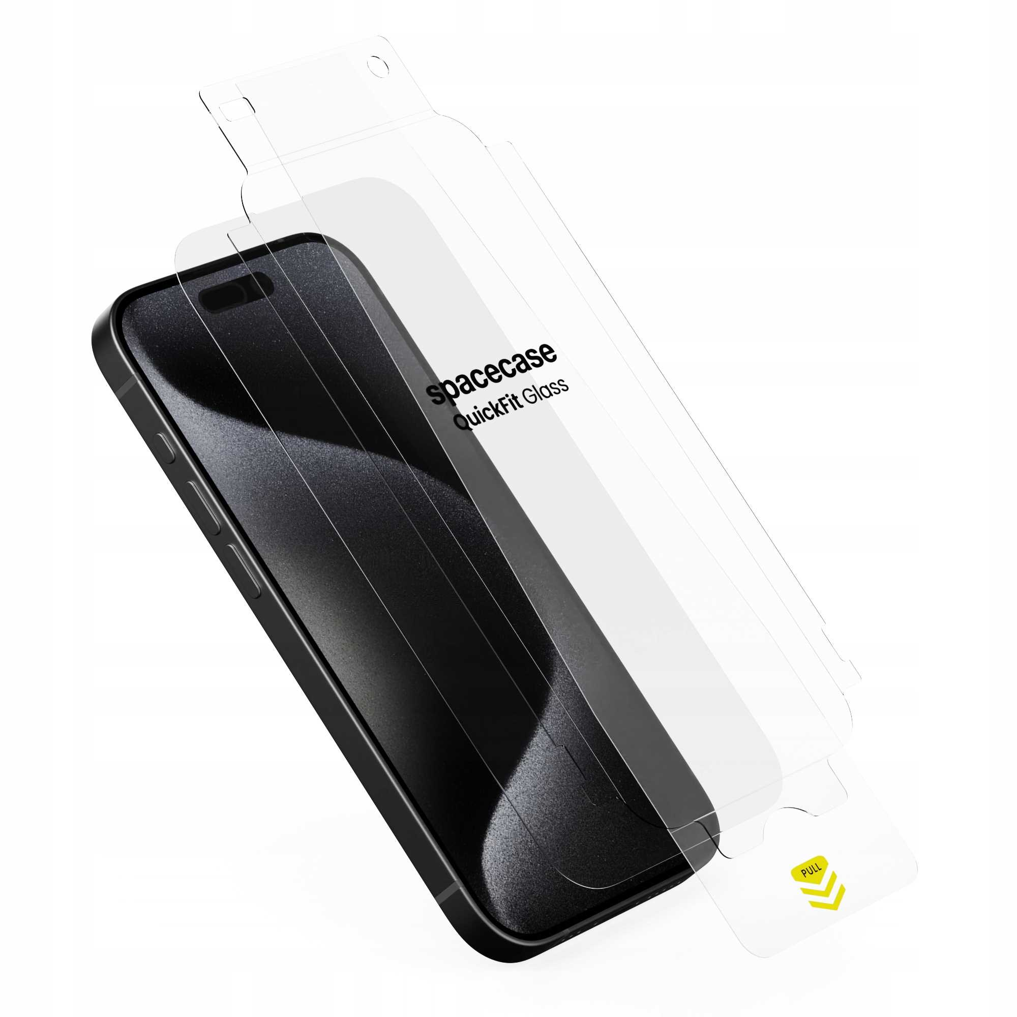 Czarny smartfon z ochraniaczem ekranu. Ochraniacz jest przezroczysty z napisem 'spacecase QuickFit Glass'.