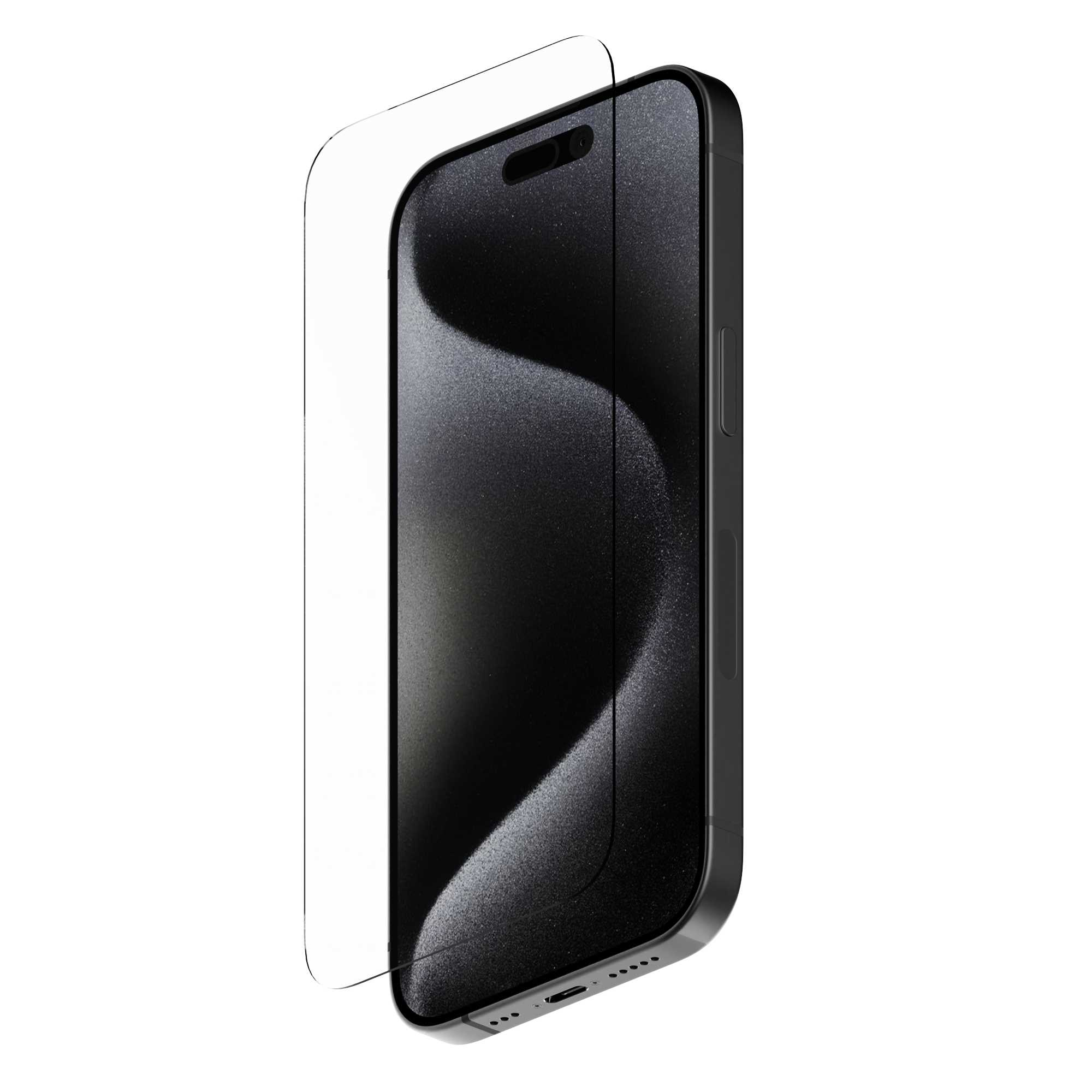 Czarny smartfon z ochraniaczem ekranu. Ekran jest ciemny, ochraniacz jest przezroczysty. Izolowany na białym tle.