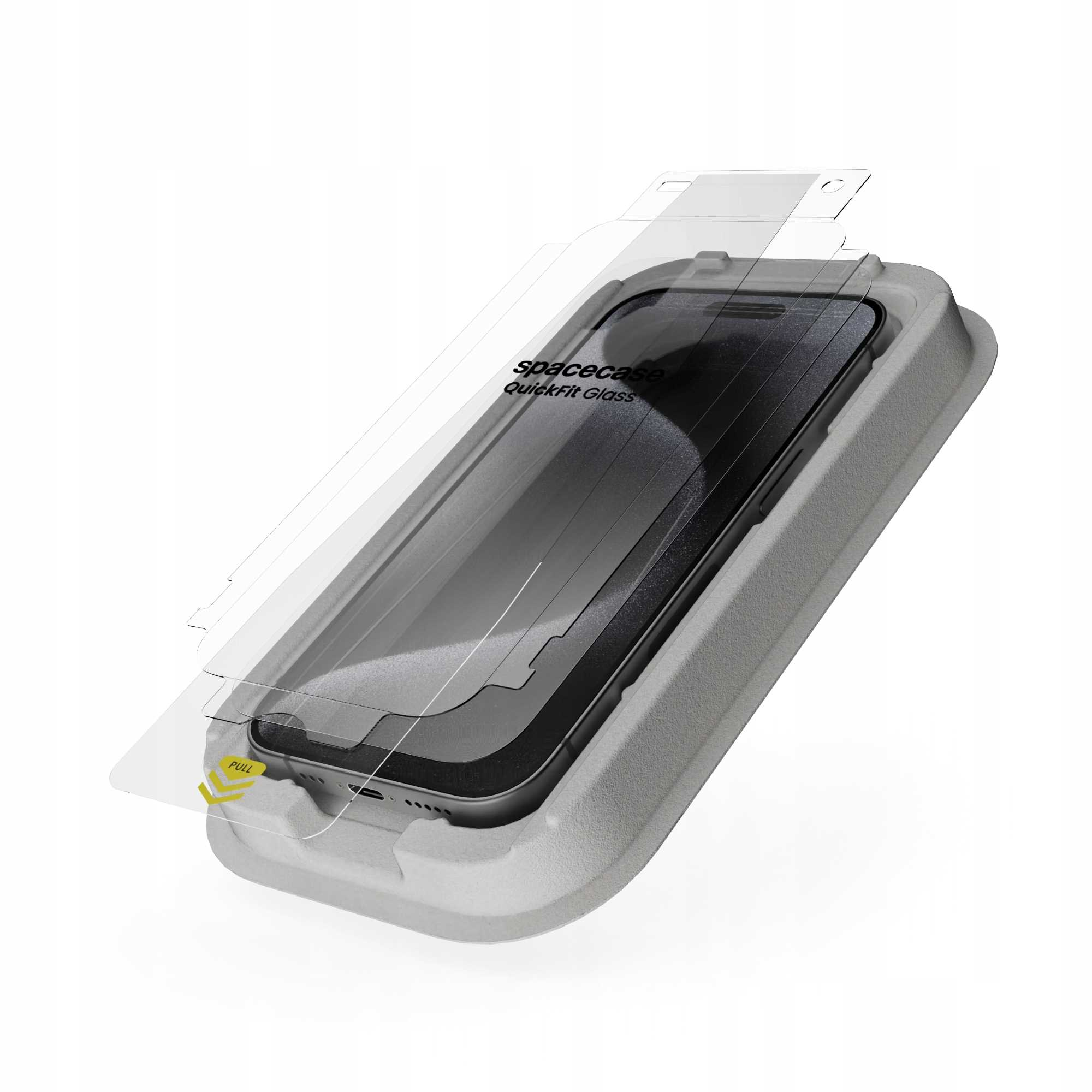 Smartfon z ochraniaczem ekranu w szarym opakowaniu. Ochraniacz oznaczony jako 'Spacecase QuickFit Glass'.