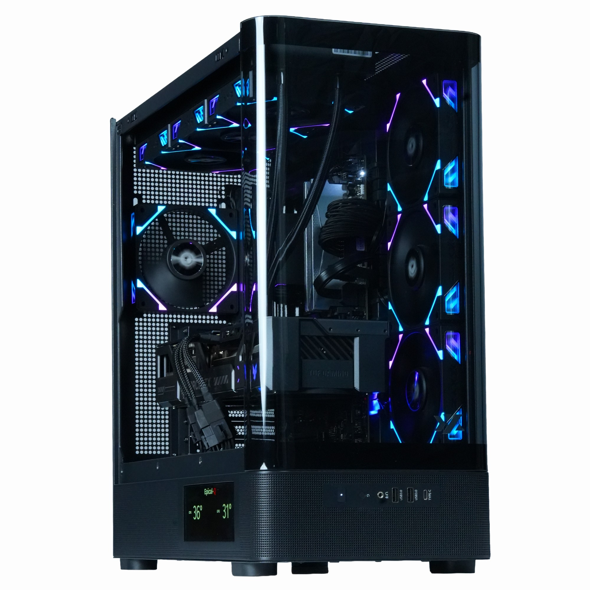 Una caja de computadora negra con componentes internos e iluminación RGB se muestra sobre un fondo blanco.