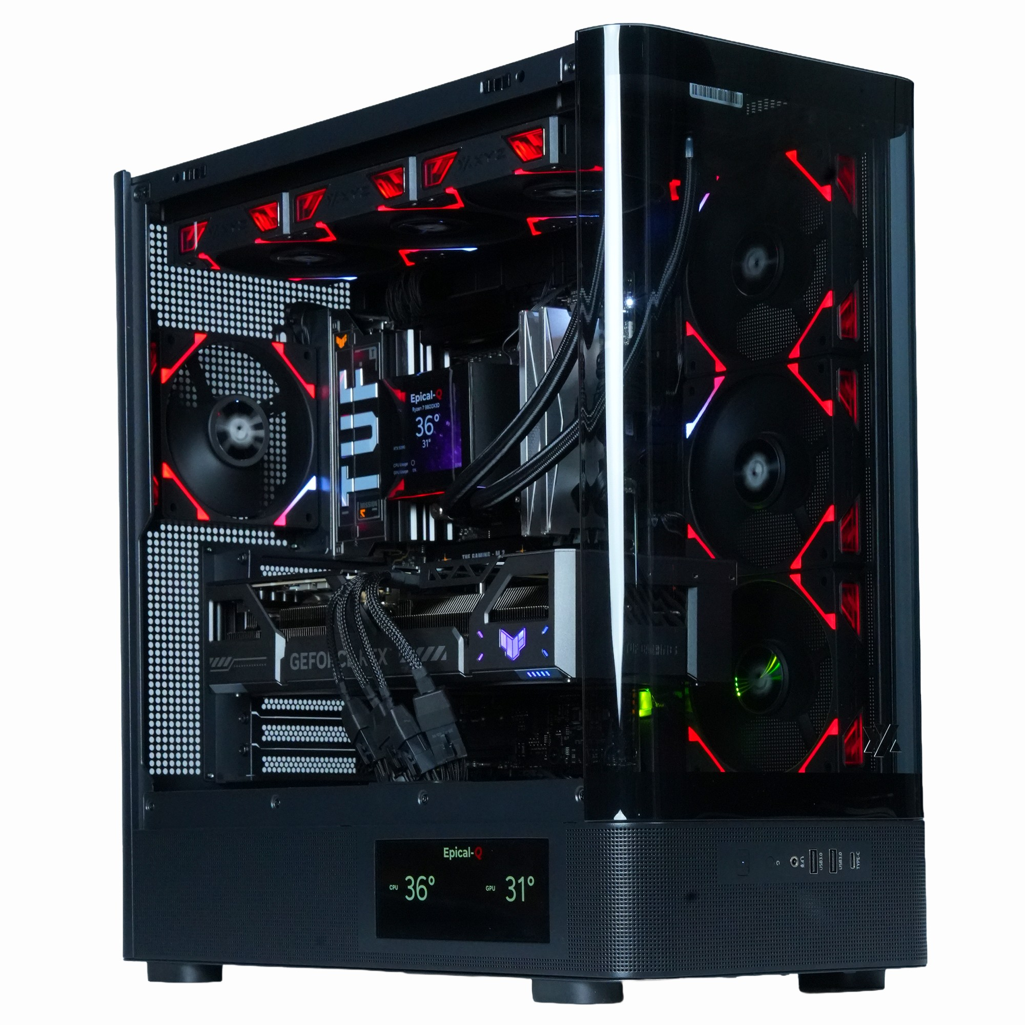 Una caja de ordenador con luces y ventiladores rojos. Muestra componentes internos y tiene una pantalla de temperatura.