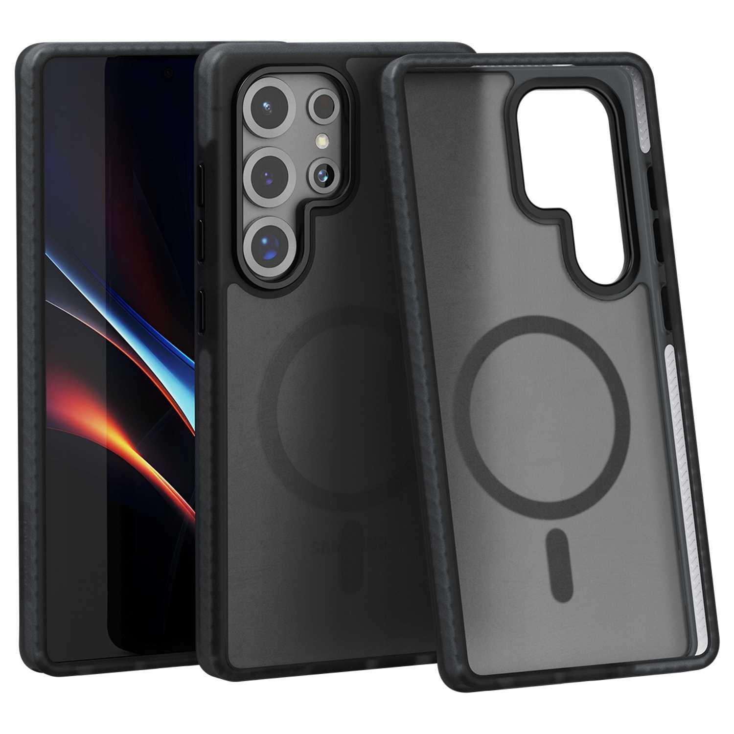 Czarny telefon z etui. Telefon jest pośrodku, z dwoma etui obok. Etui mają ciemnoszary kolor.