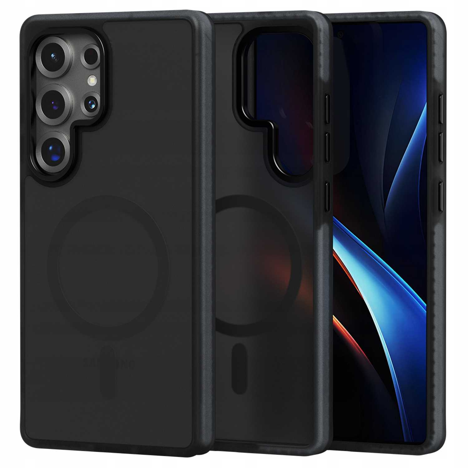 Trzy czarne etui na telefon, jedno z telefonem w środku. Etui pokazują wycięcia na aparat i pierścień magnetyczny. Ekran telefonu wyświetla niebieski wzór.