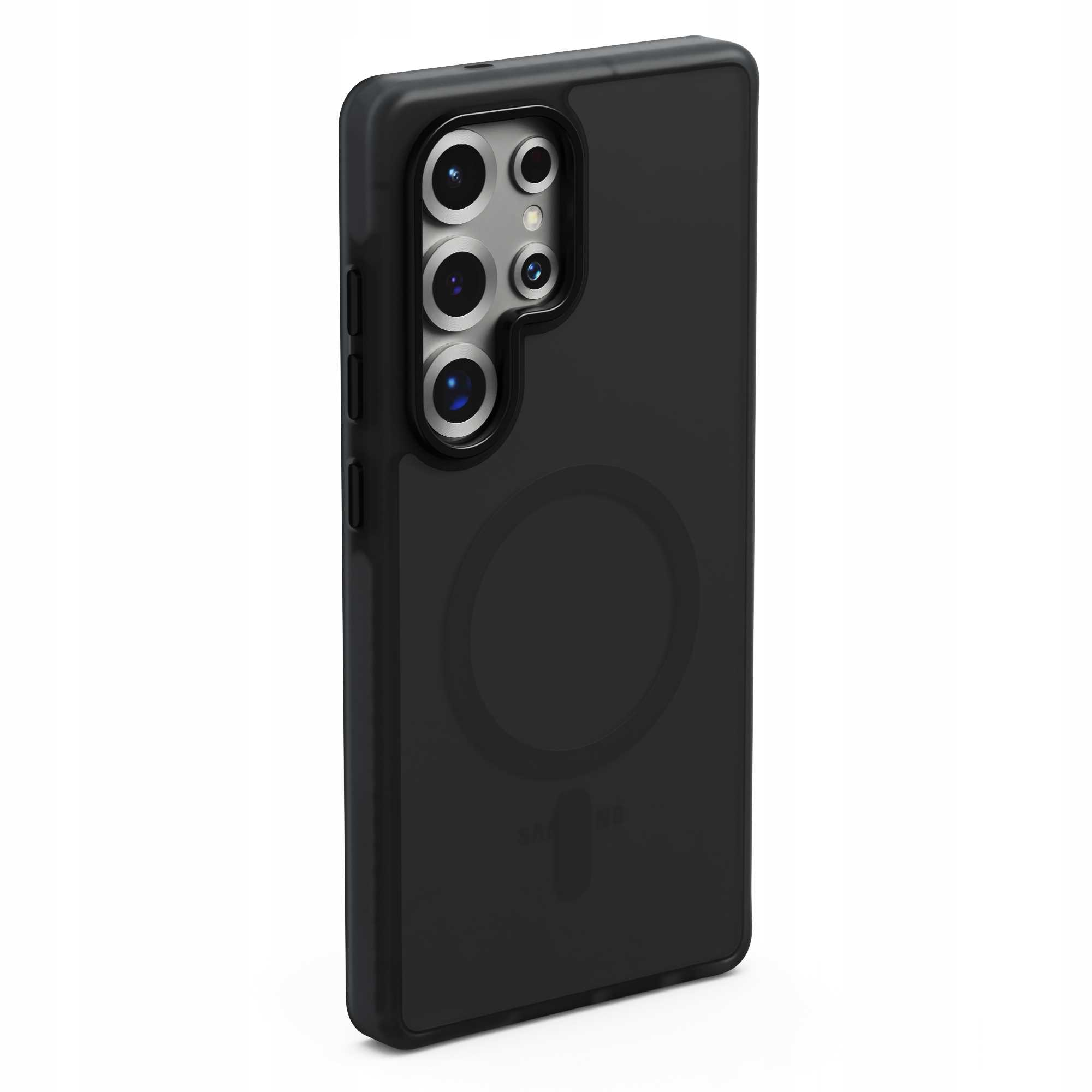 Czarne etui na telefon z modułem kamery i magnetycznym okręgiem z tyłu. Telefon jest pochylony w prawo.