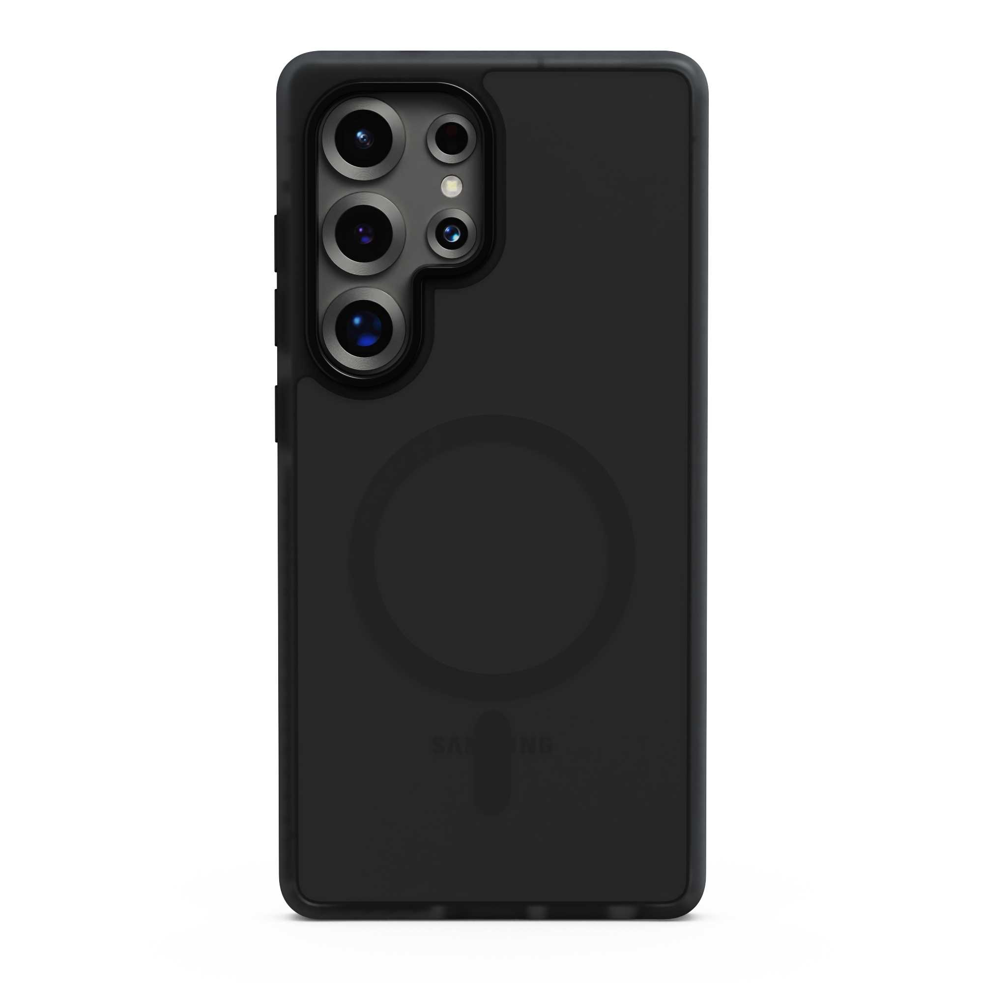 Czarne etui na telefon Samsung. Ma wycięcie na aparat z wieloma obiektywami. Etui ma pierścień magnetyczny.