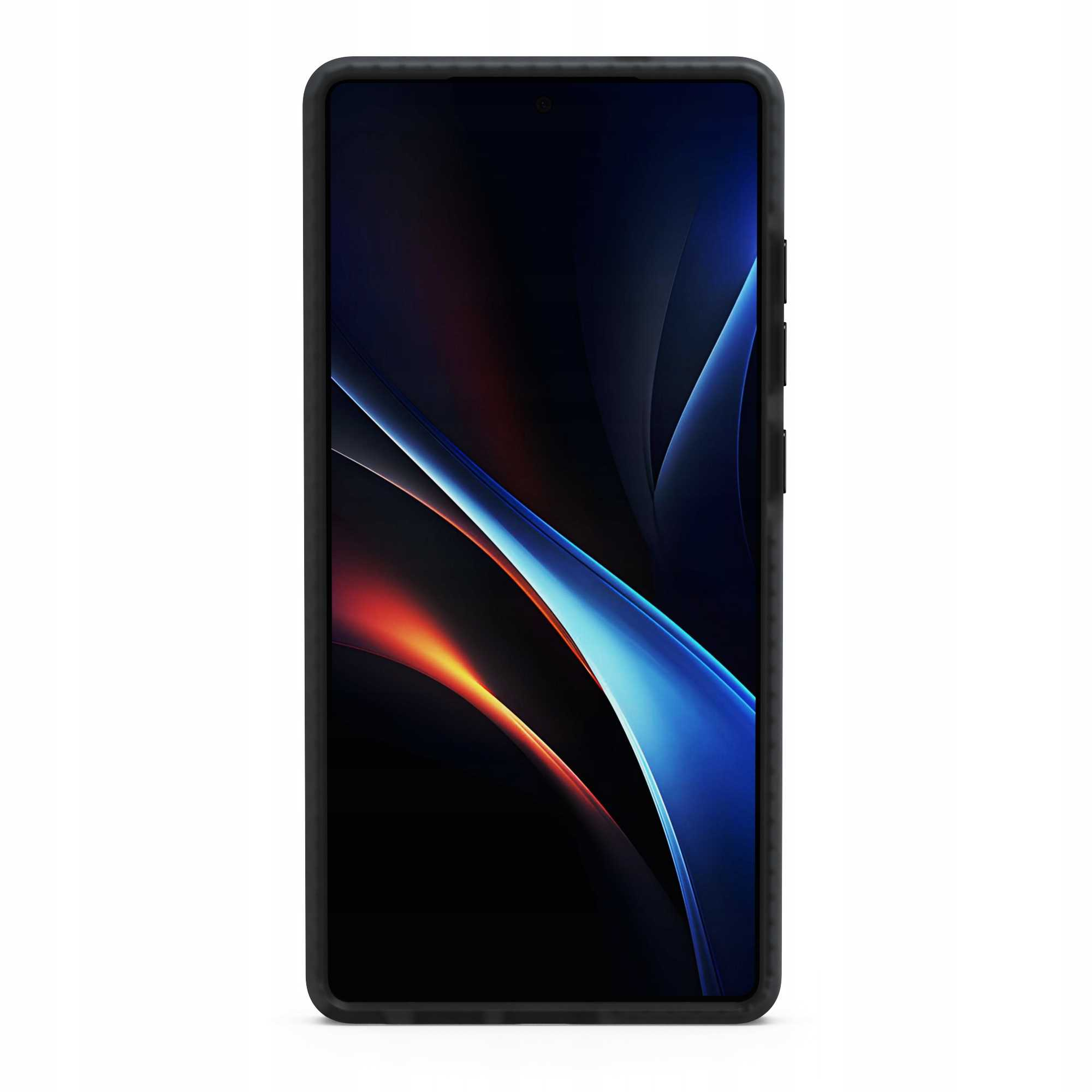 Czarny smartfon wyświetla kolorowy, abstrakcyjny wzór. Telefon ma czarne etui. Tło jest białe.