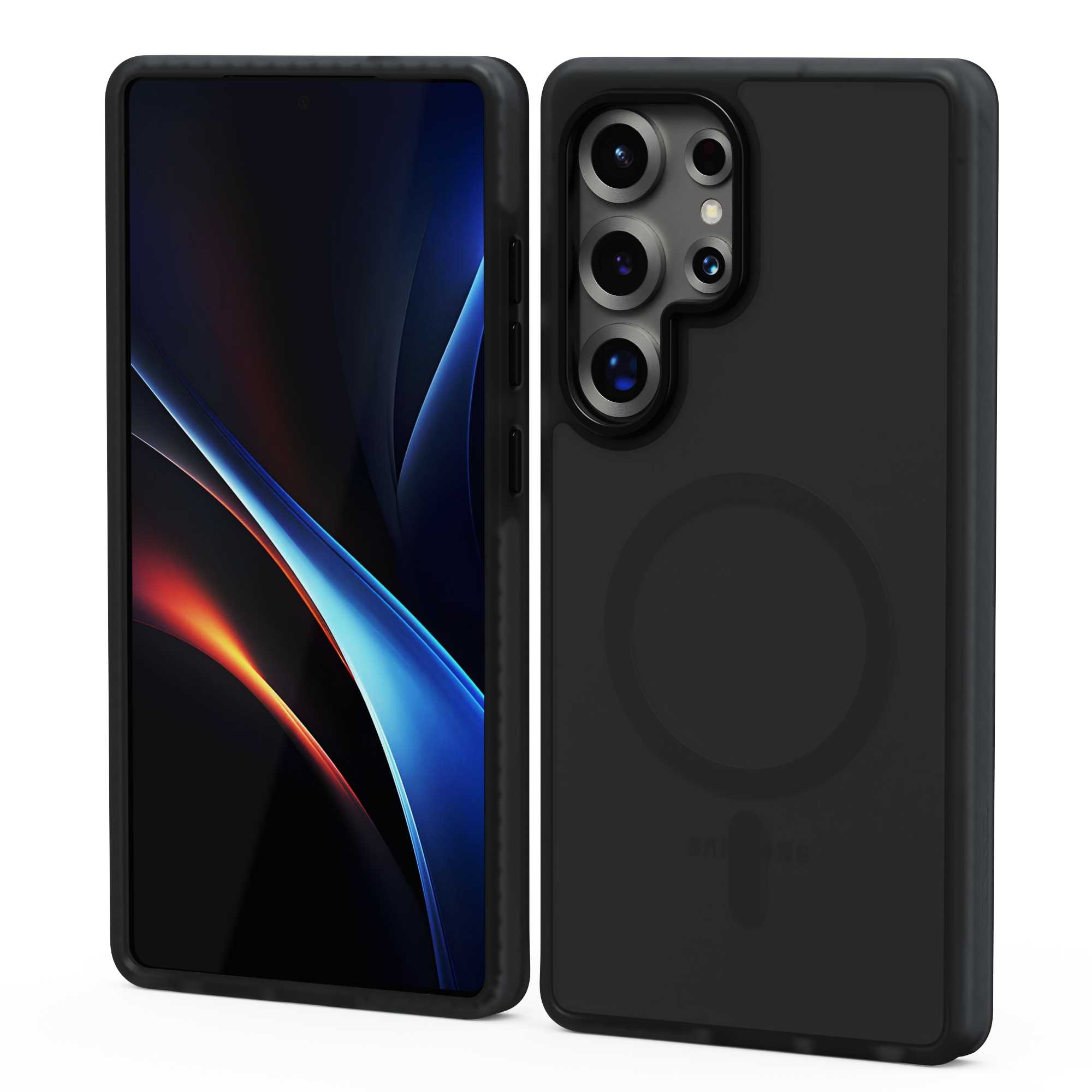 Czarny telefon z etui. Ekran pokazuje kolorowy, abstrakcyjny wzór. Tył pokazuje obiektywy aparatu i pierścień magnetyczny.