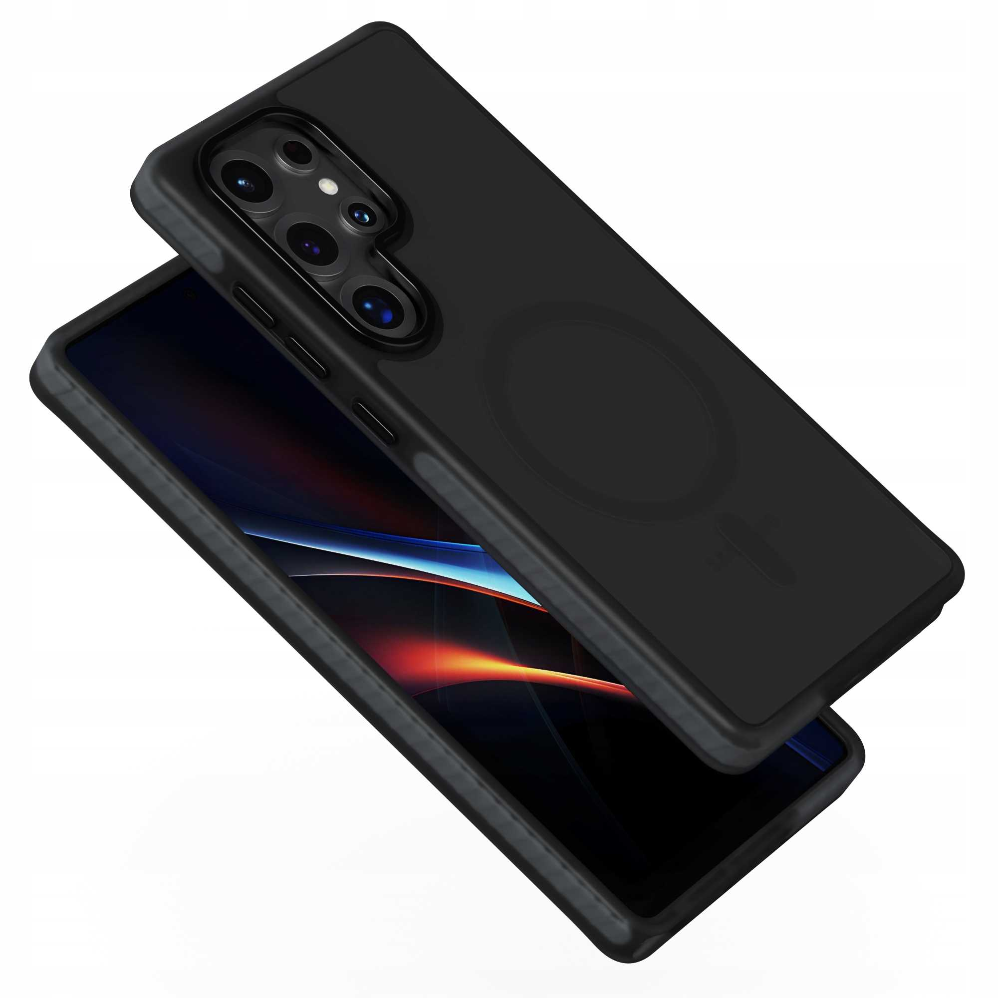 Widoczny jest czarny futerał na telefon, lekko pod kątem. Ekran wyświetla kolorowy wzór. Białe tło.